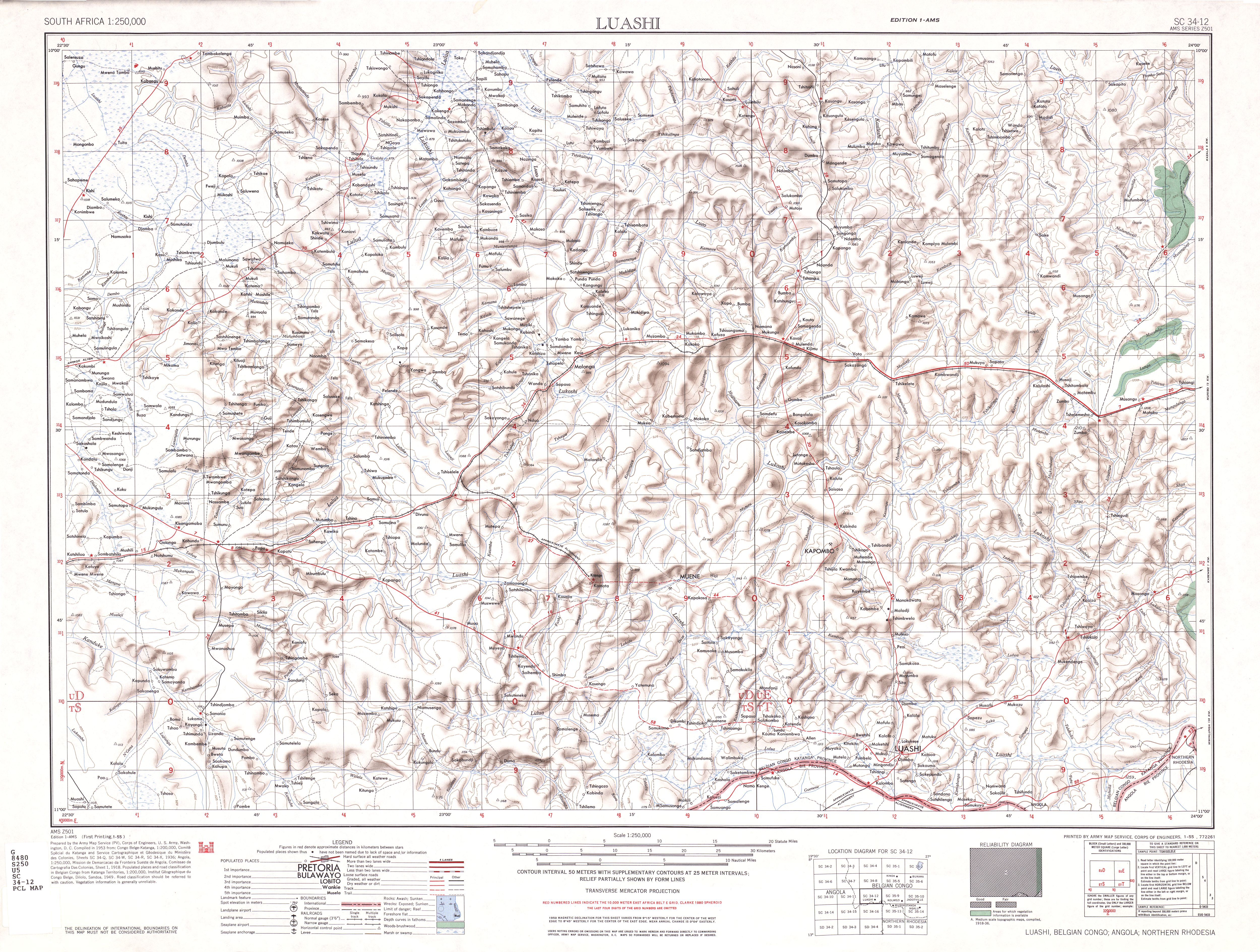 Hoja Luashi del Mapa Topográfico de África Meridional 1954