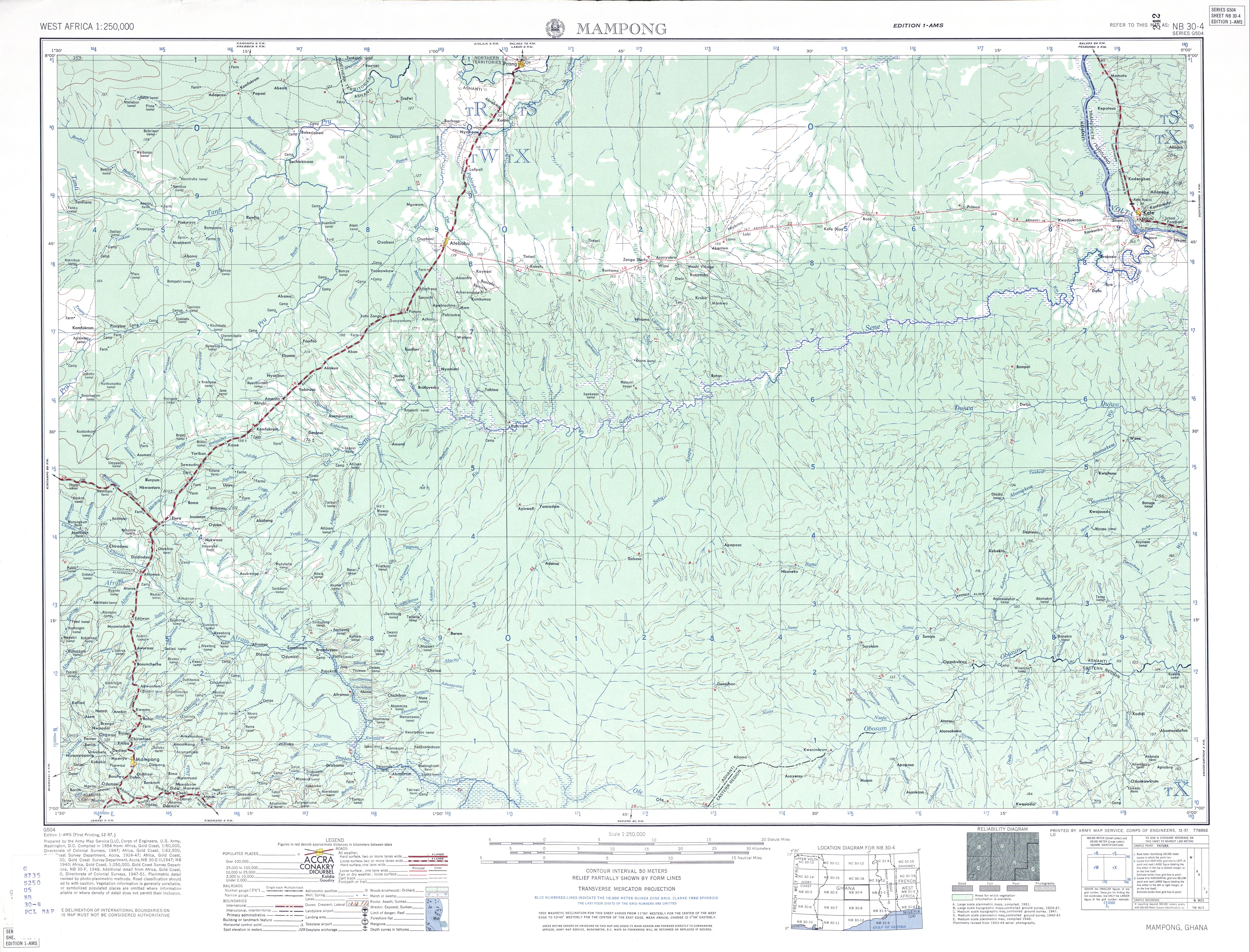 Hoja Mampong del Mapa Topográfico de África Occidental 1955