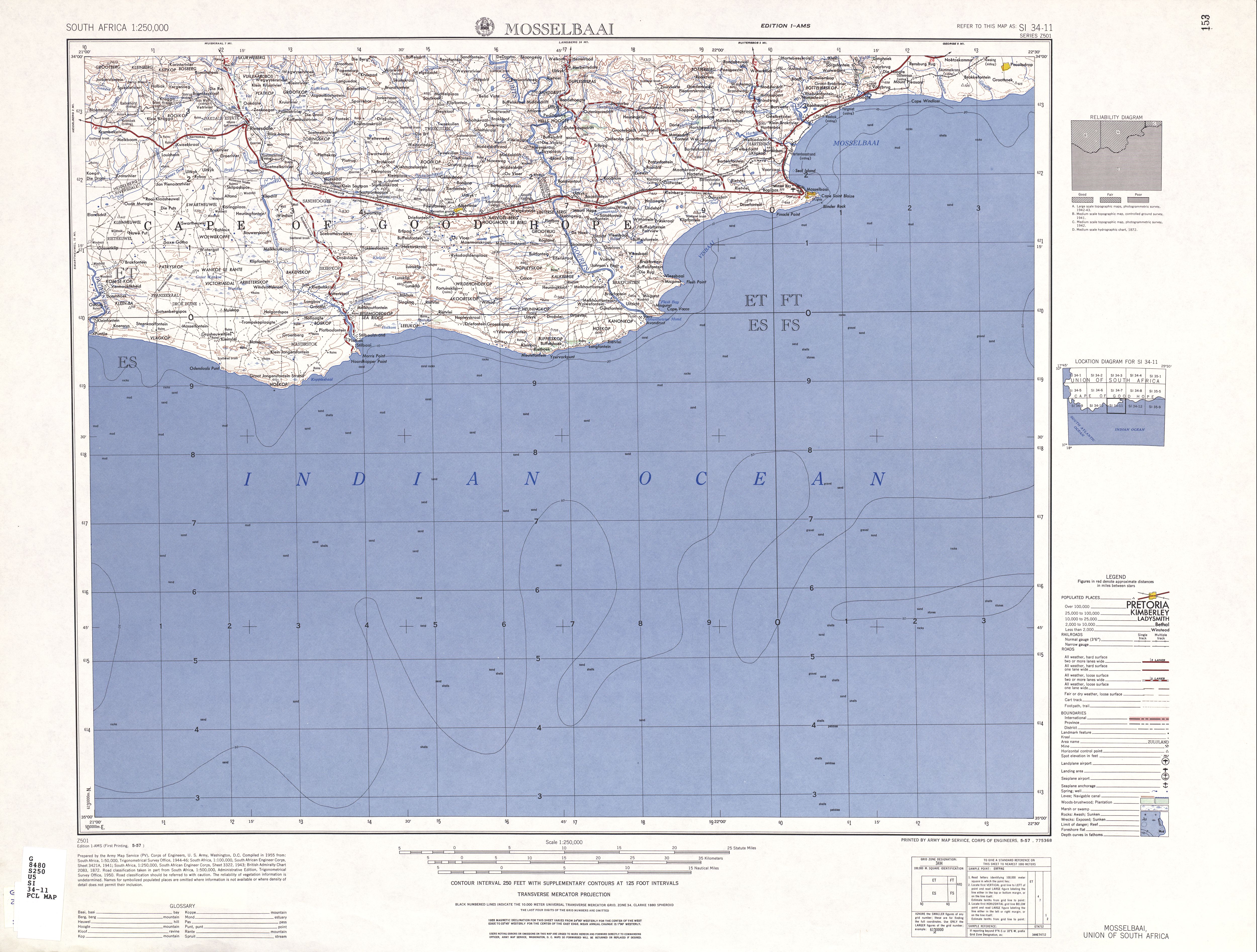 Hoja Mosselbaai del Mapa Topográfico de África Meridional 1954