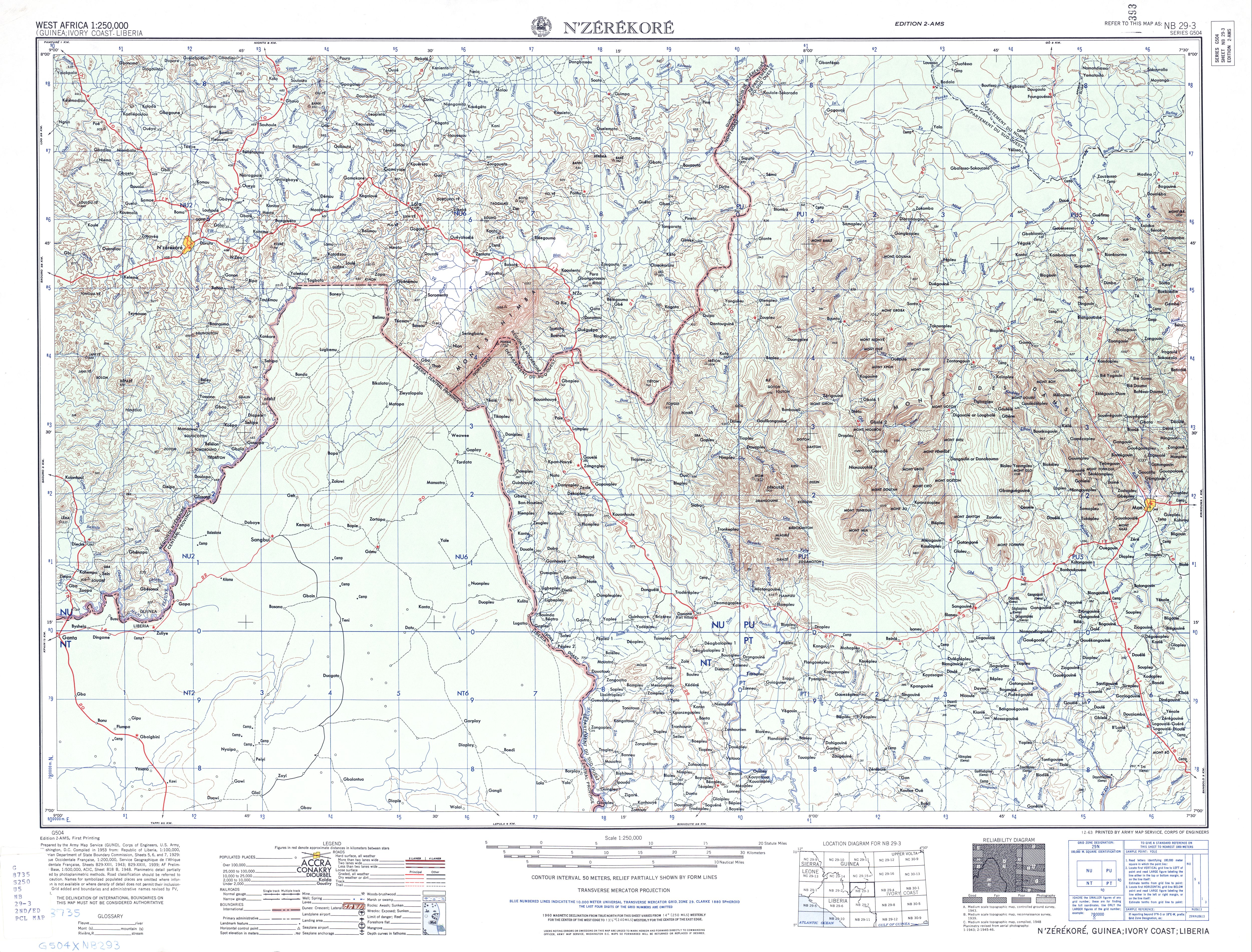 Hoja N'zerekore del Mapa Topográfico de África Occidental 1955