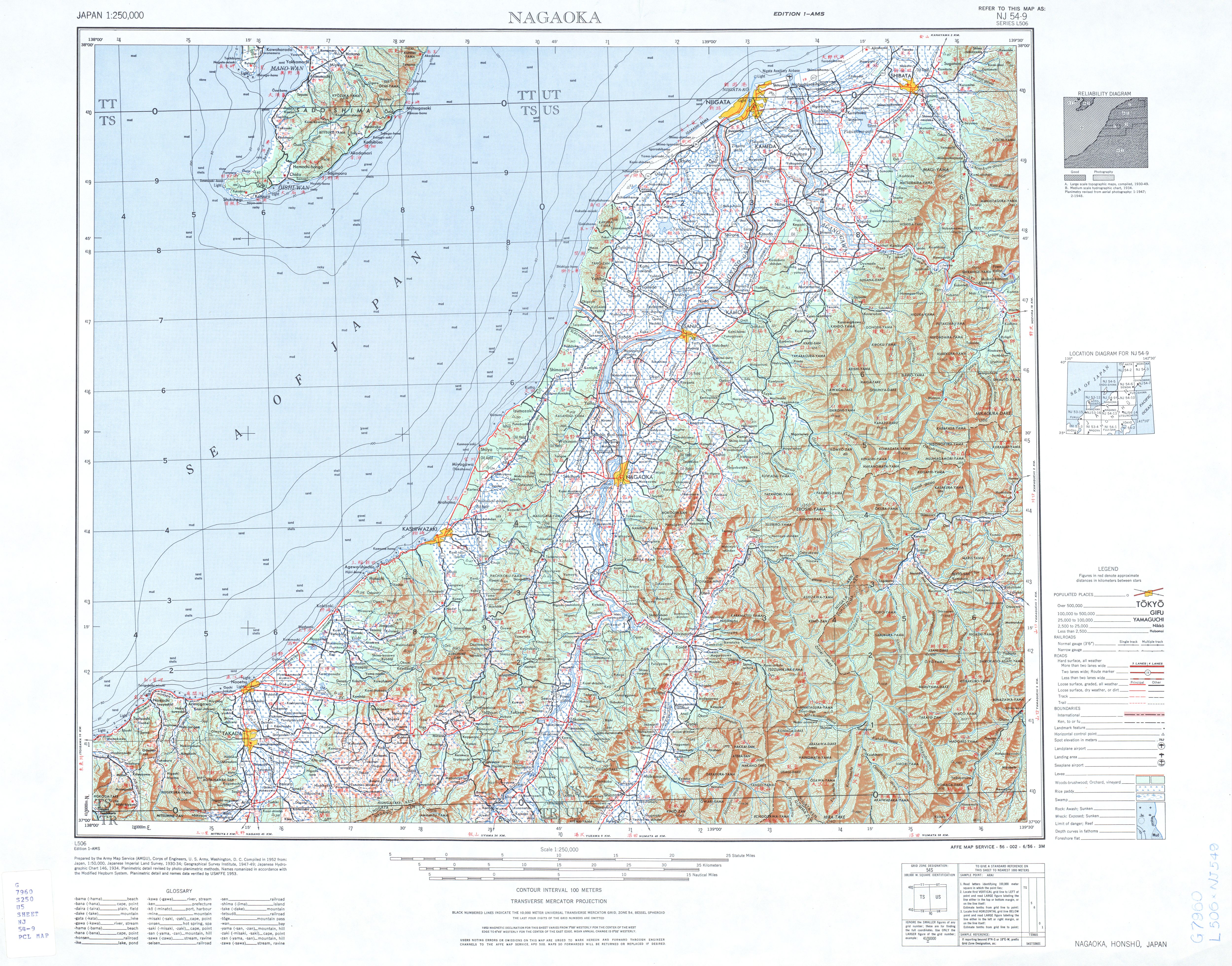 Hoja Nagaoka del Mapa Topográfico de Japón 1954