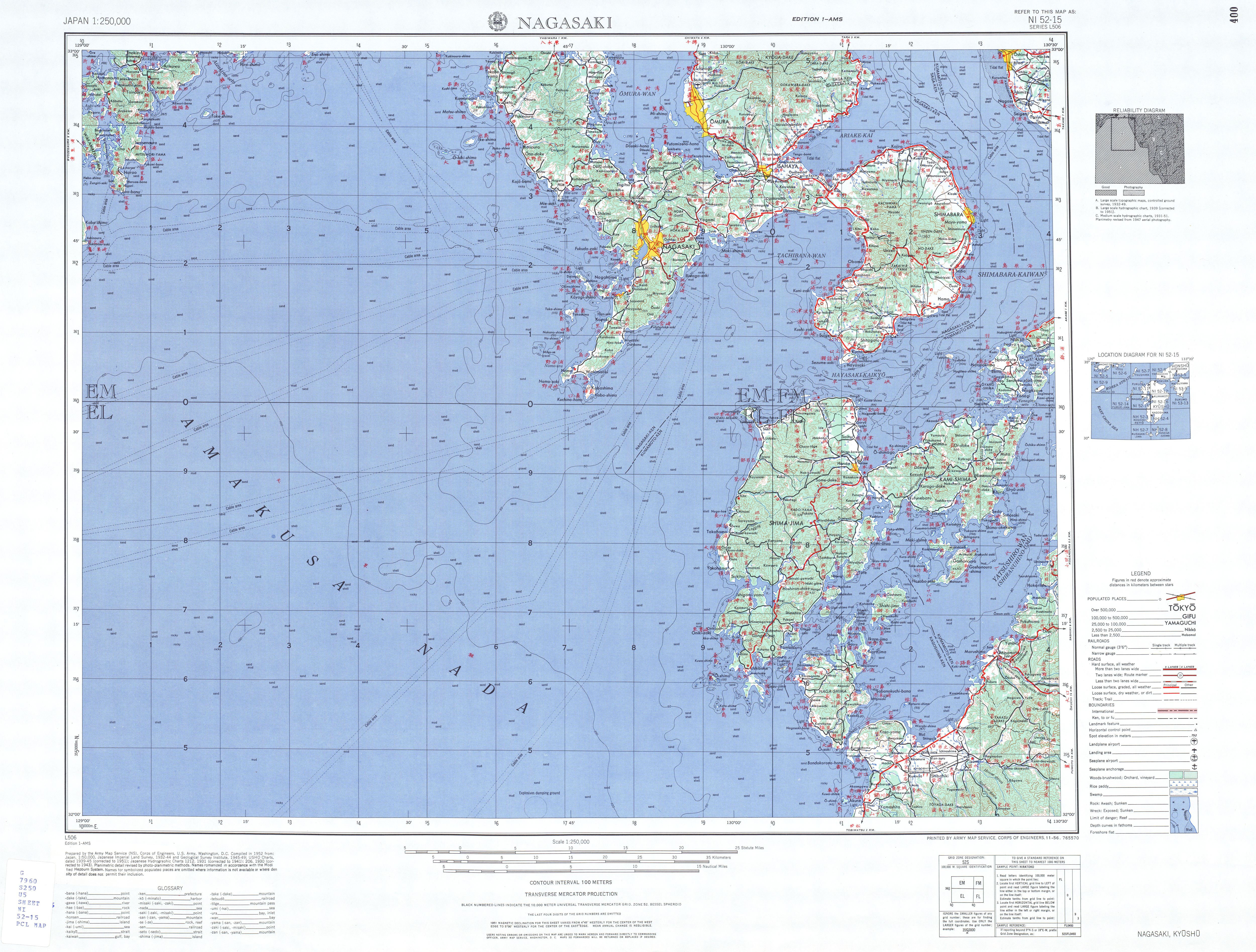 Hoja Nagasaki del Mapa Topográfico de Japón 1954