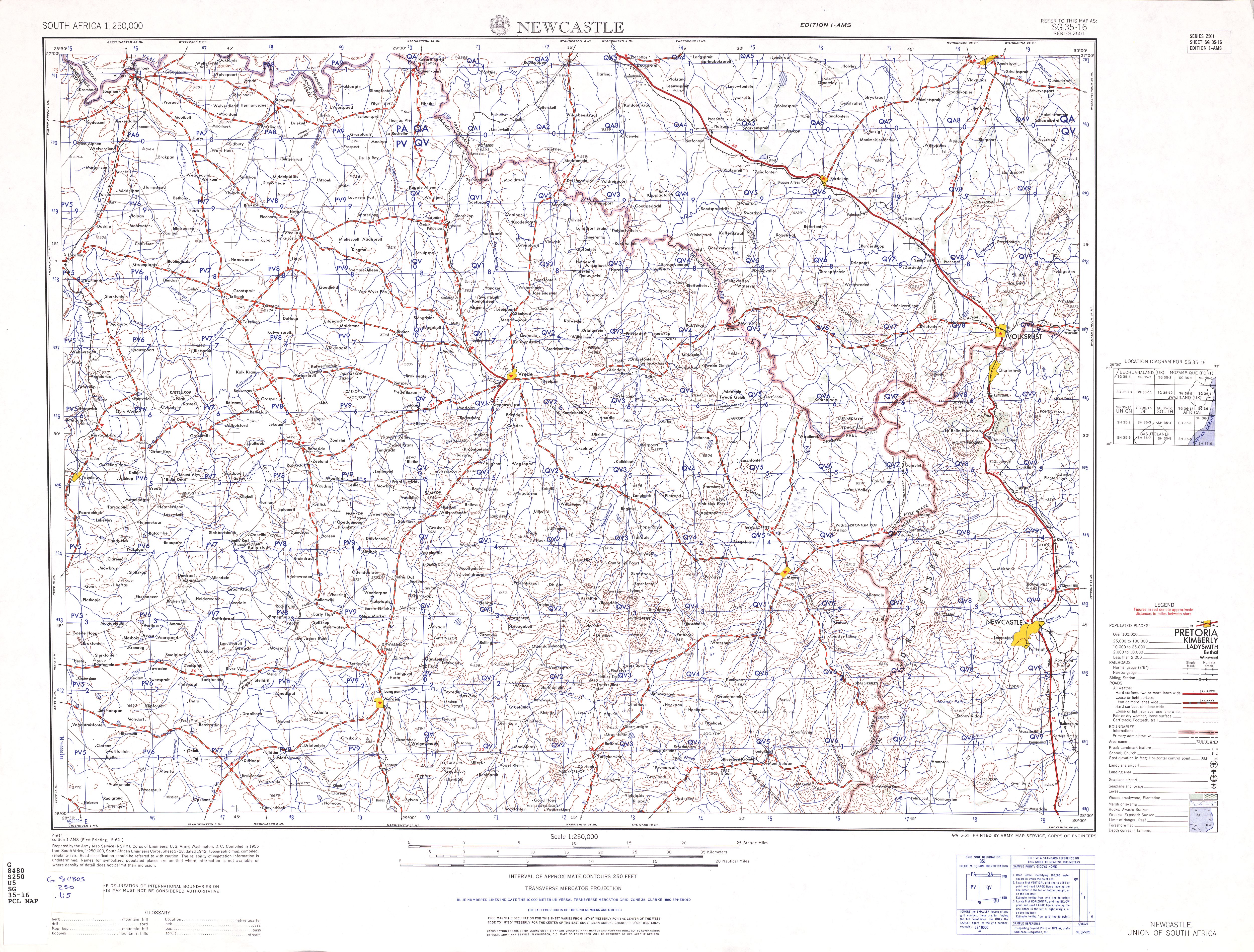 Hoja Newcastle del Mapa Topográfico de África Meridional 1954