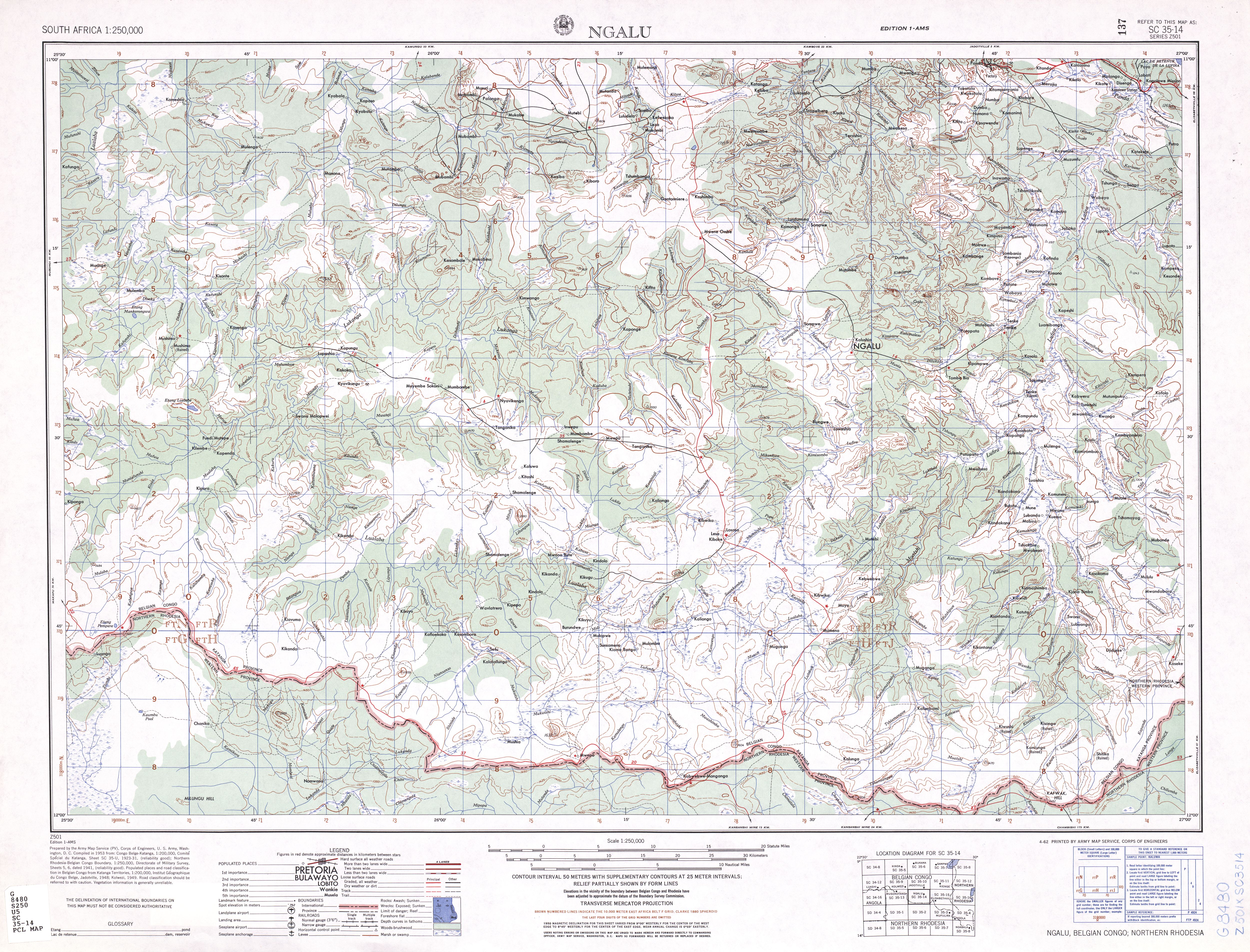 Hoja Ngalu del Mapa Topográfico de África Meridional 1954