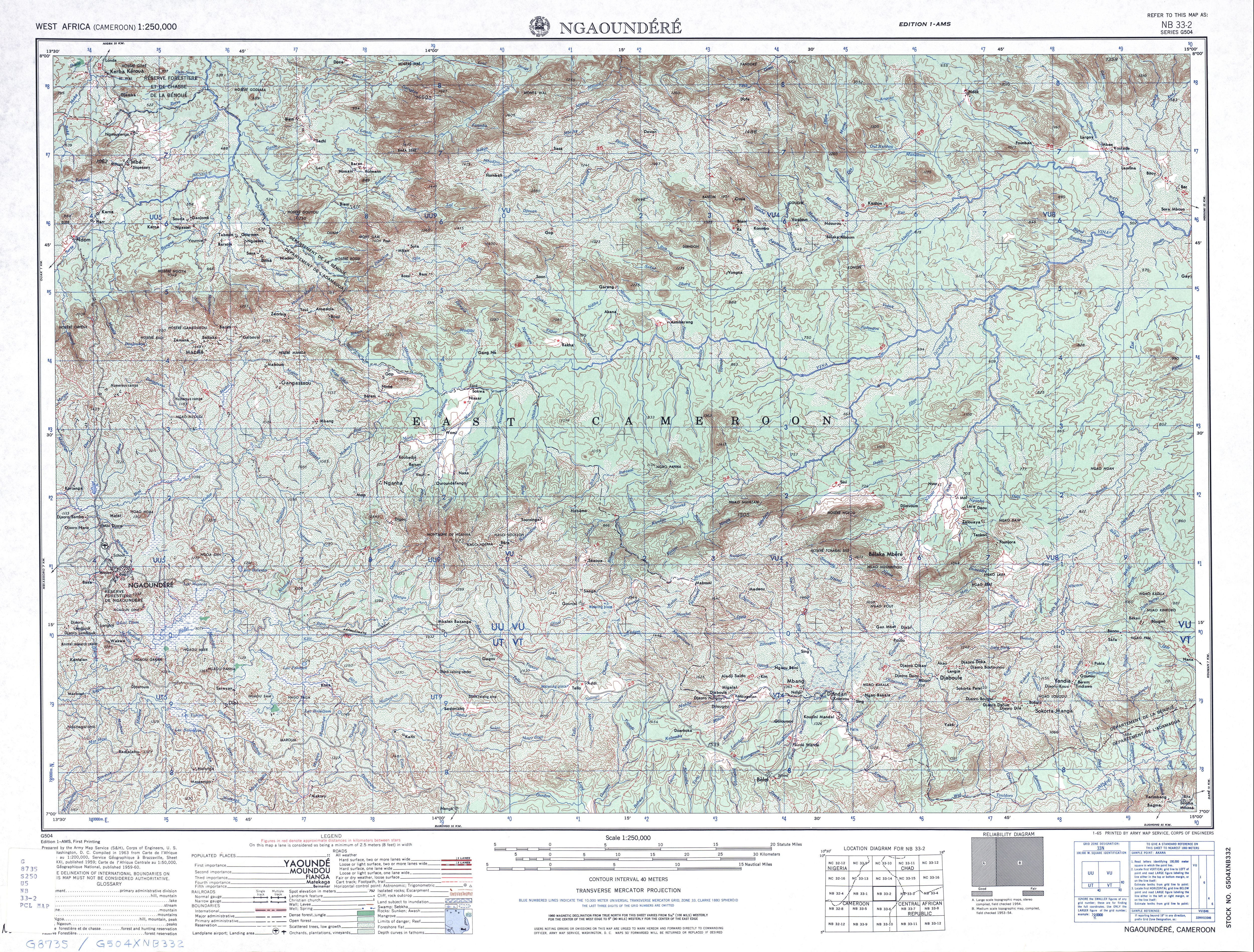 Hoja Ngaoundere del Mapa Topográfico de África Occidental 1955