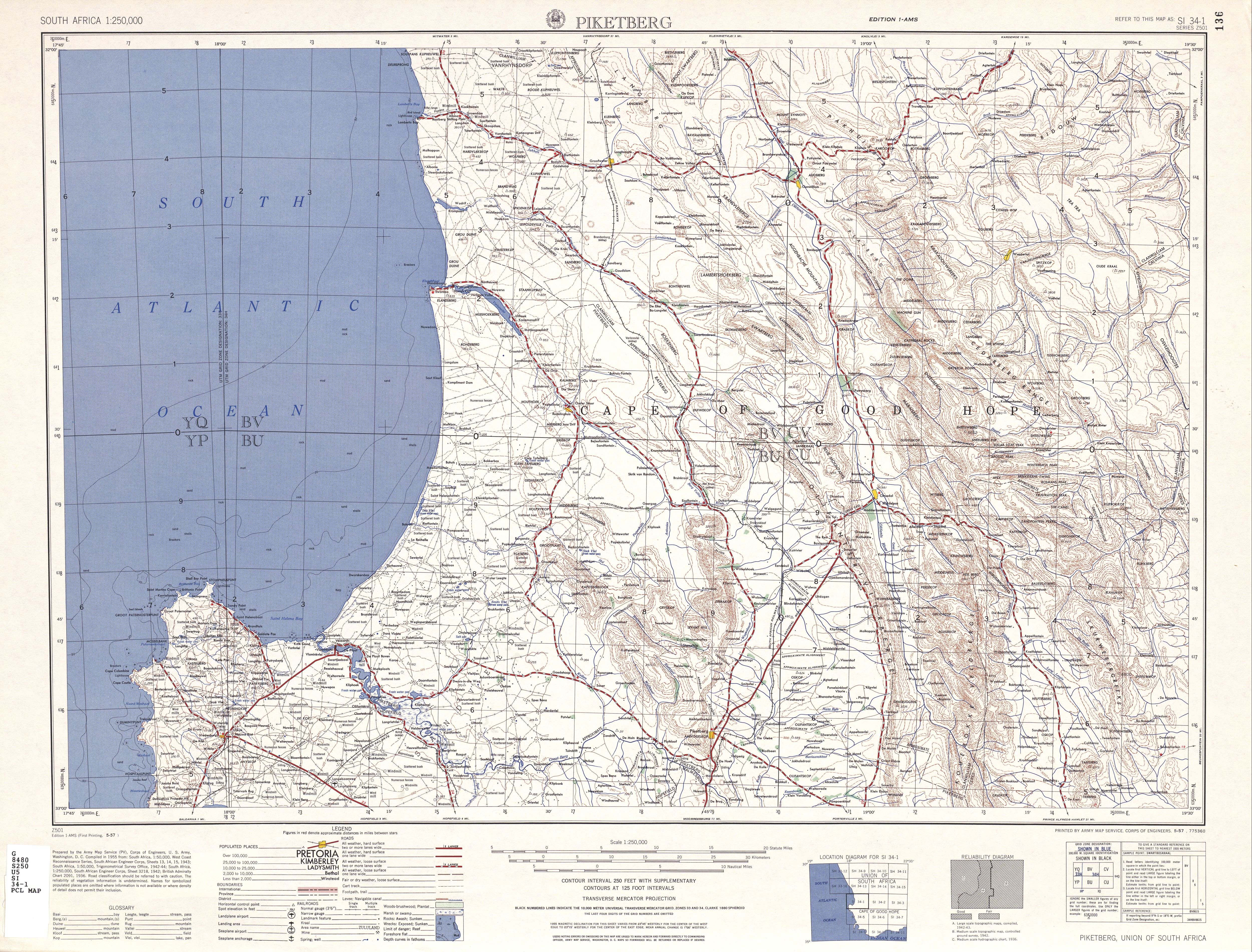Hoja Piketberg del Mapa Topográfico de África Meridional 1954