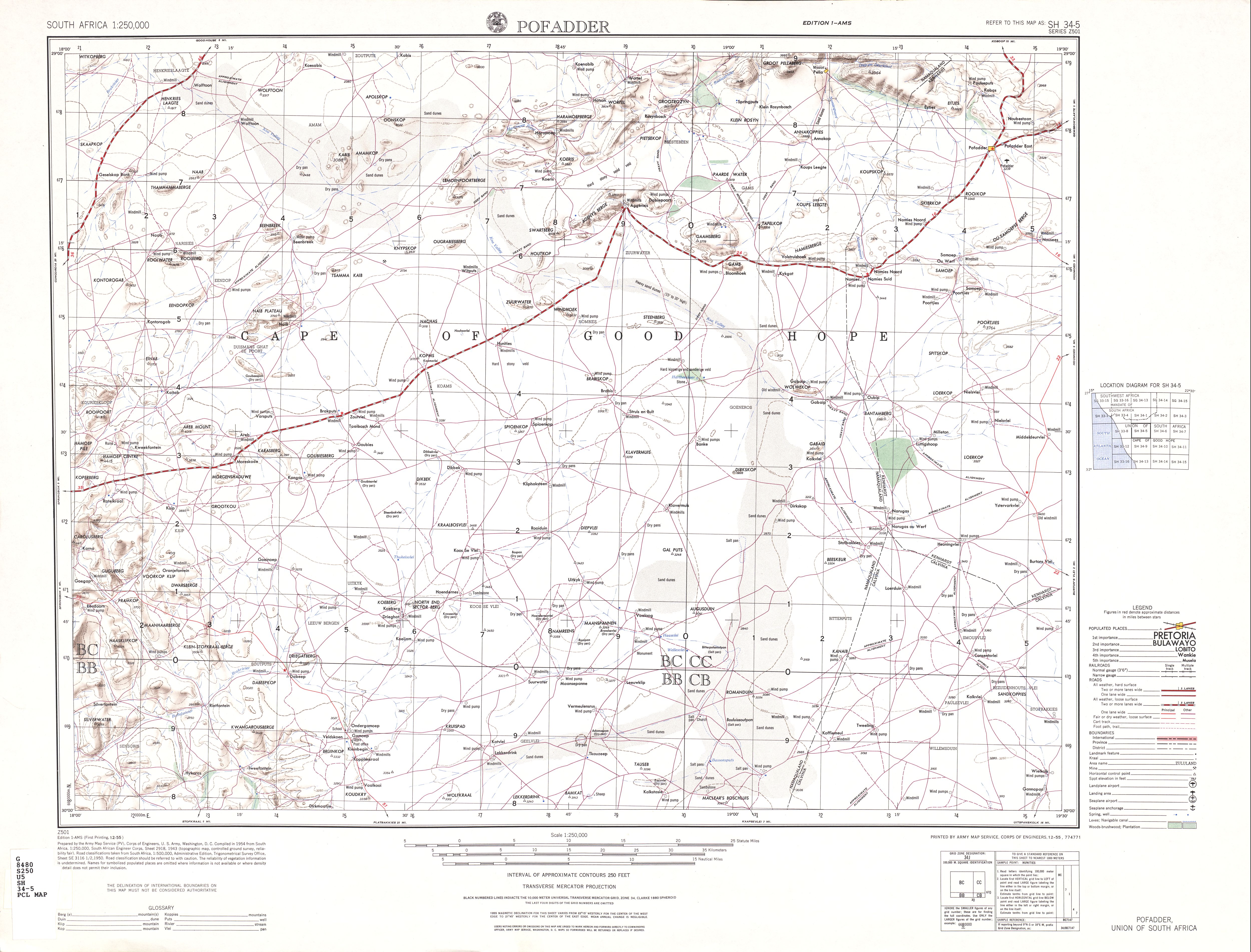 Hoja Pofadder del Mapa Topográfico de África Meridional 1954
