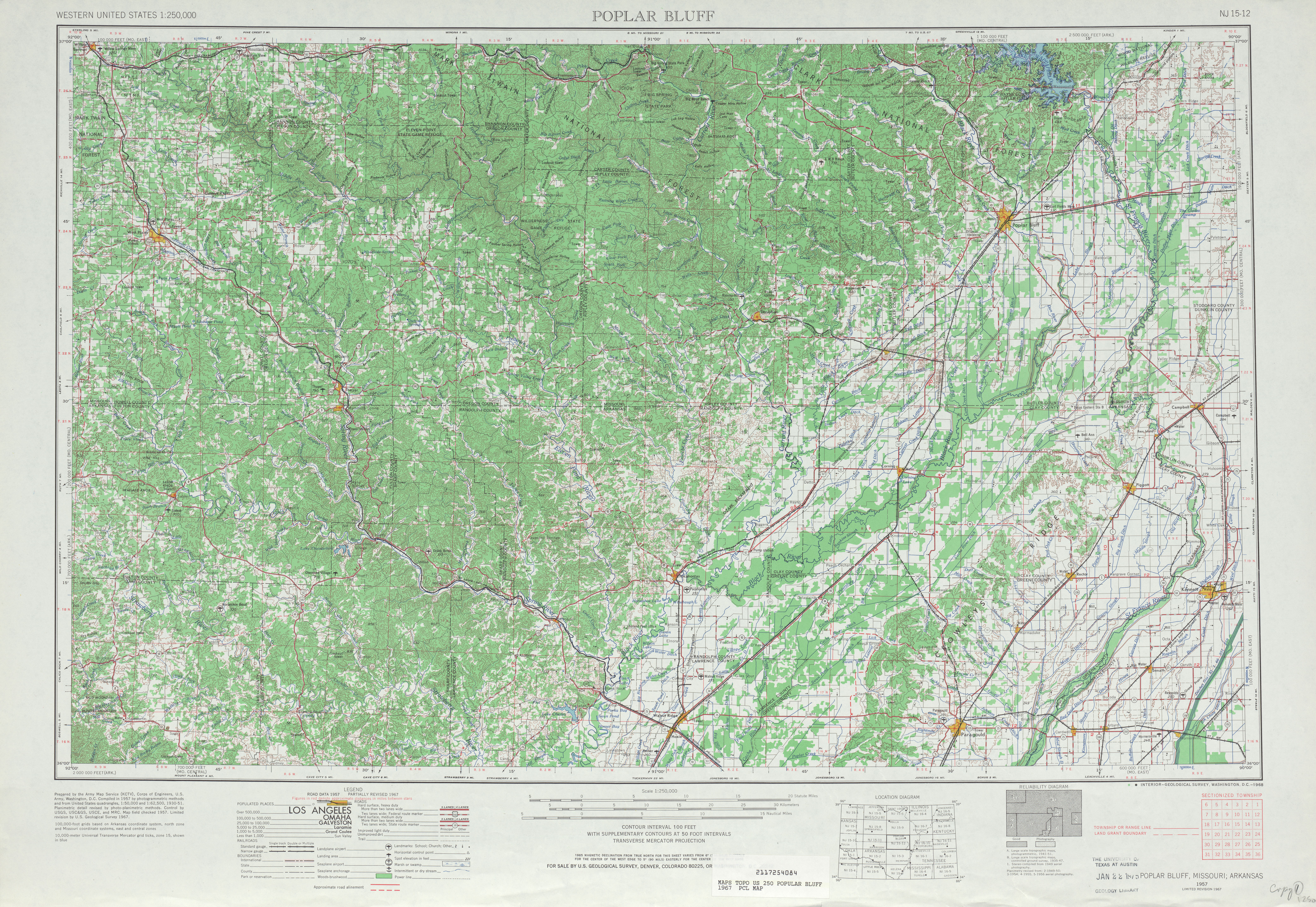Hoja Poplar Bluff del Mapa Topográfico de los Estados Unidos 1967