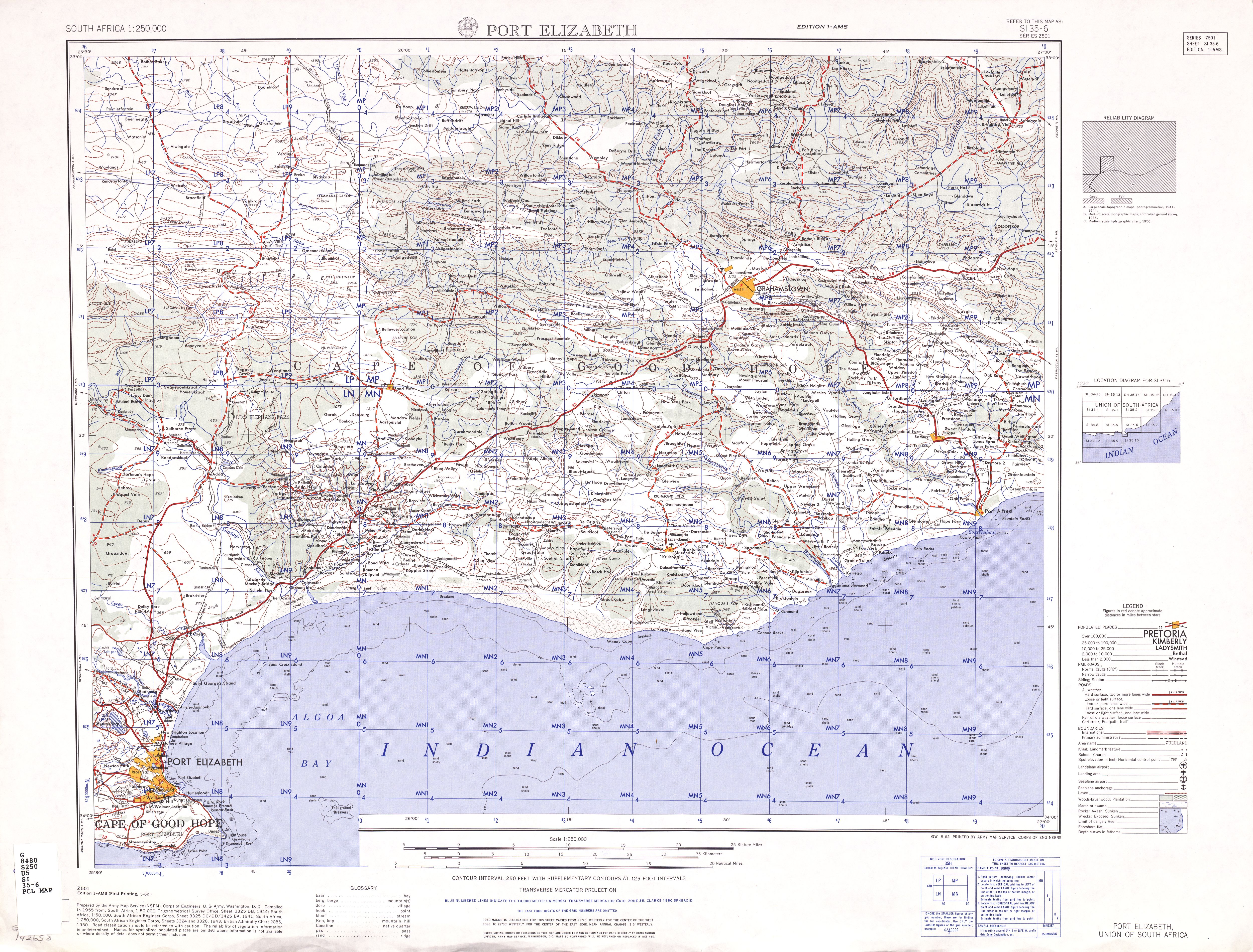 Hoja Port Elizabeth del Mapa Topográfico de África Meridional 1954