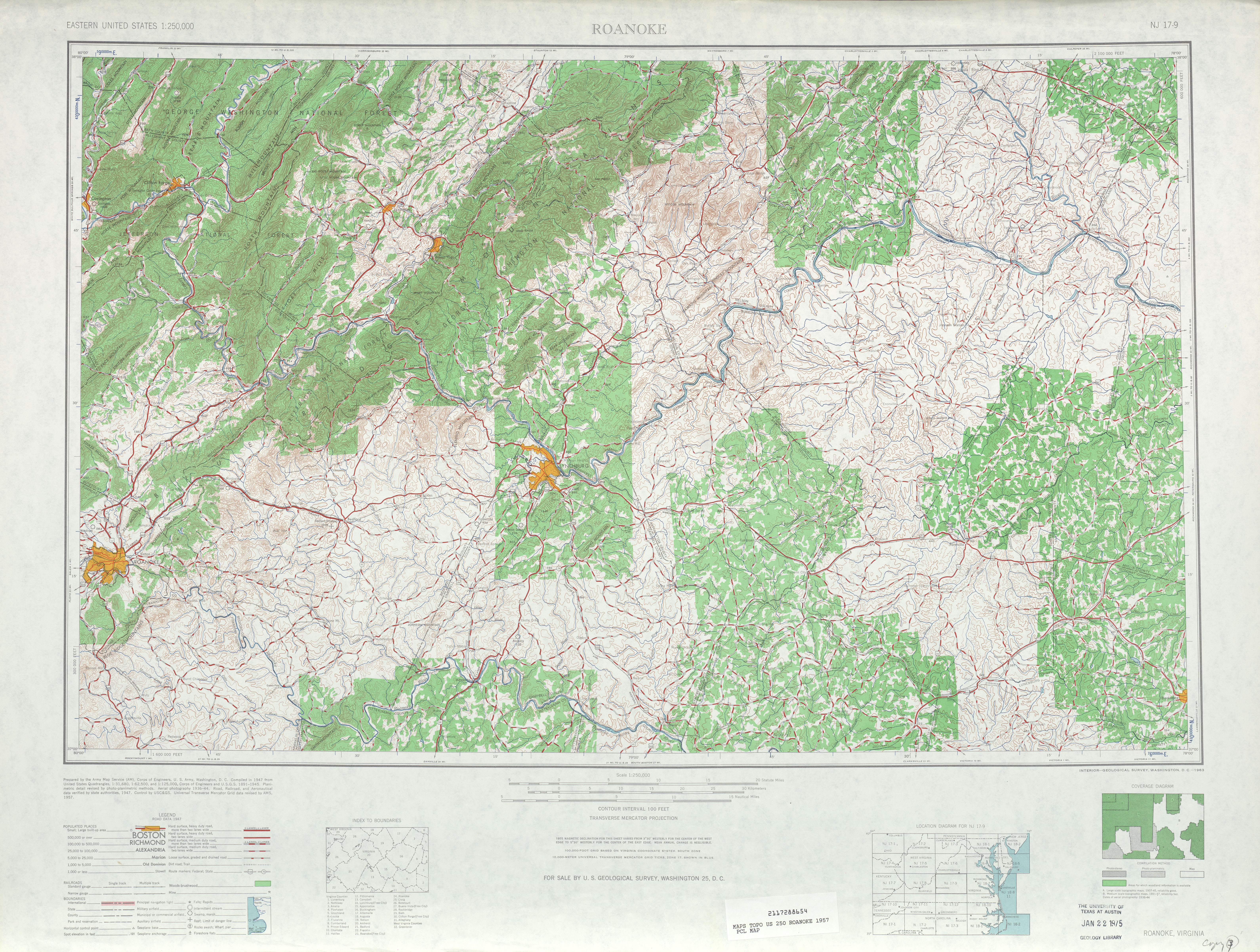 Hoja Roanoke del Mapa Topográfico de los Estados Unidos 1957