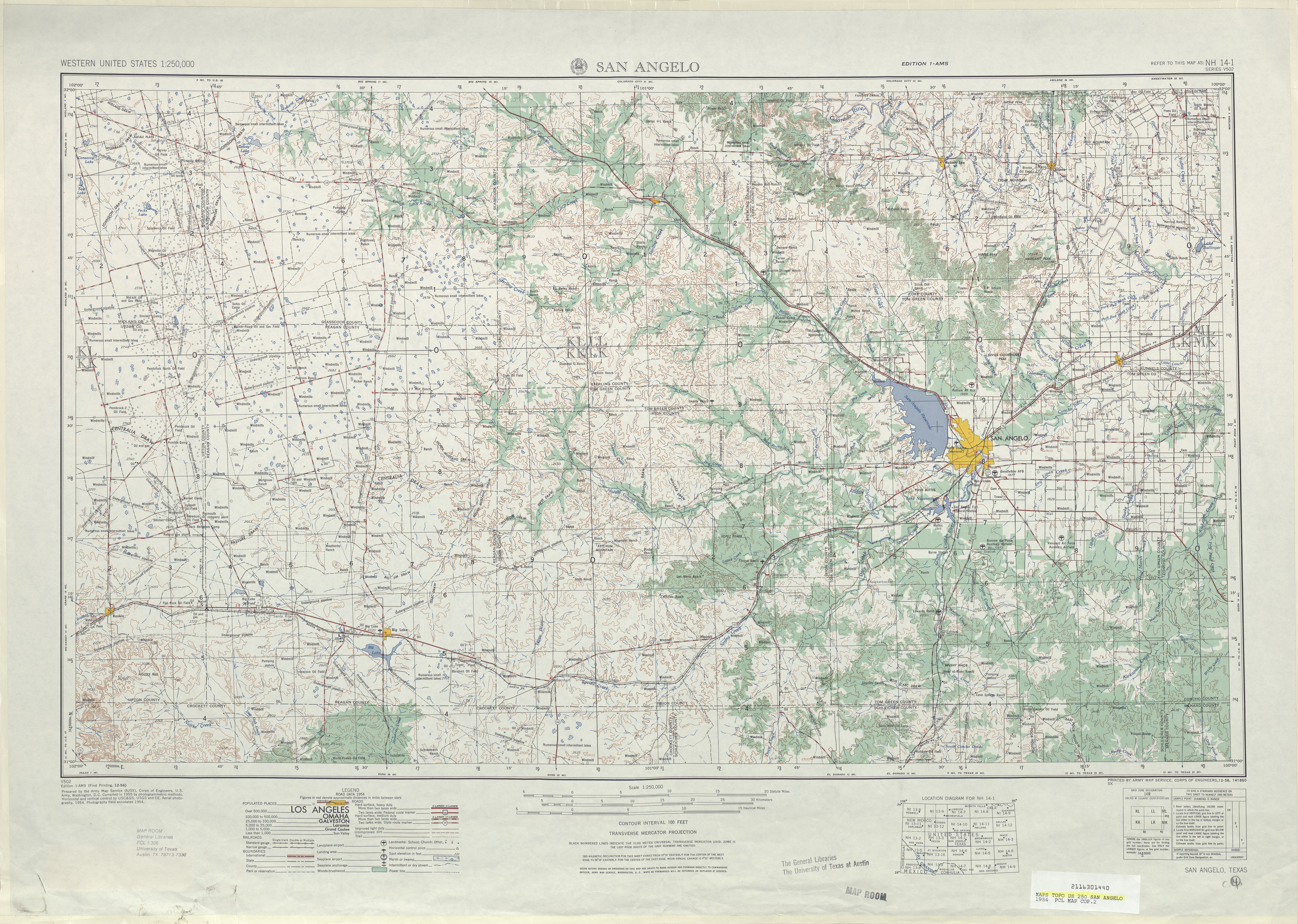 Hoja San Angelo del Mapa Topográfico de los Estados Unidos 1954