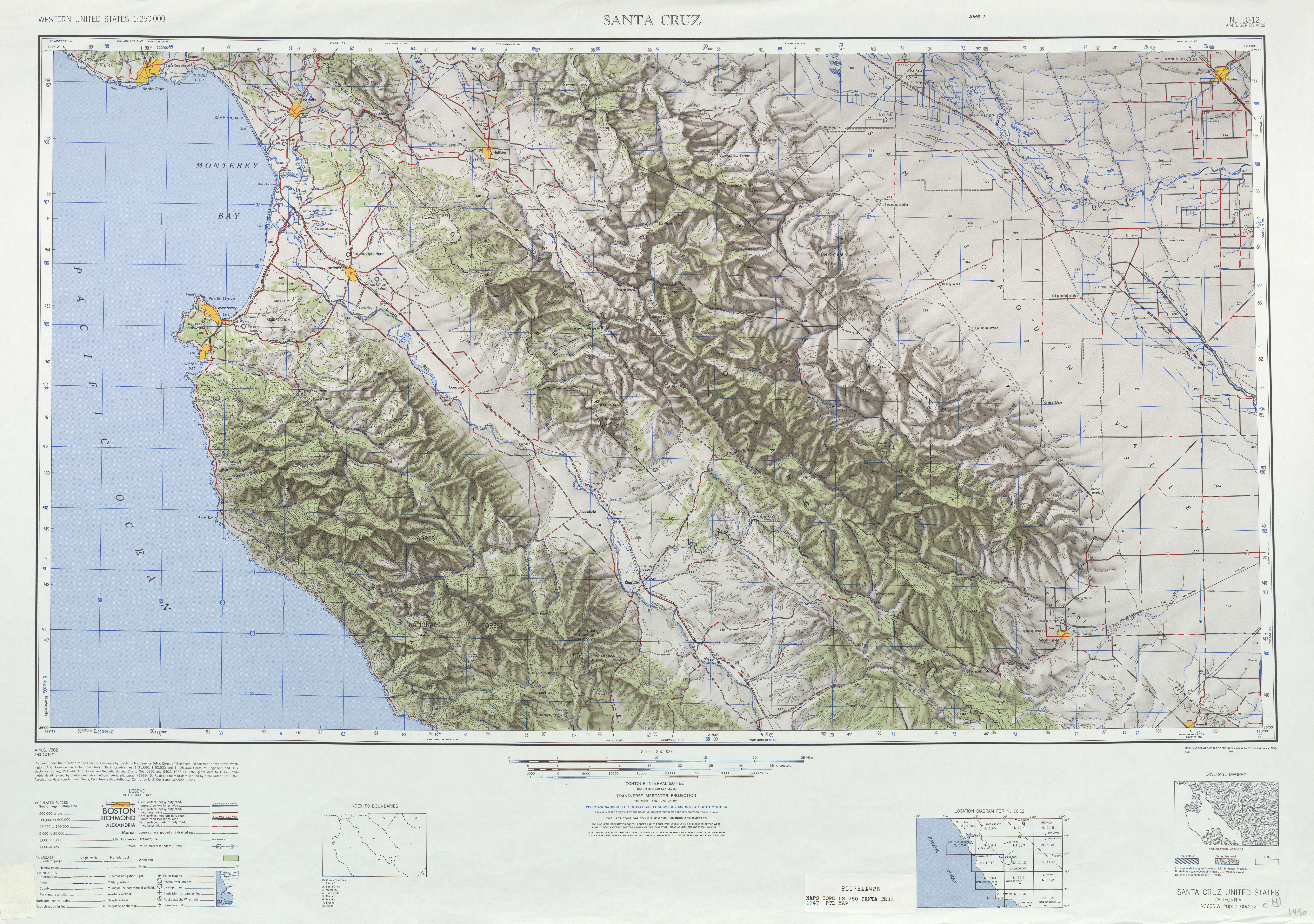 Hoja Santa Cruz del Mapa Topográfico de los Estados Unidos 1947