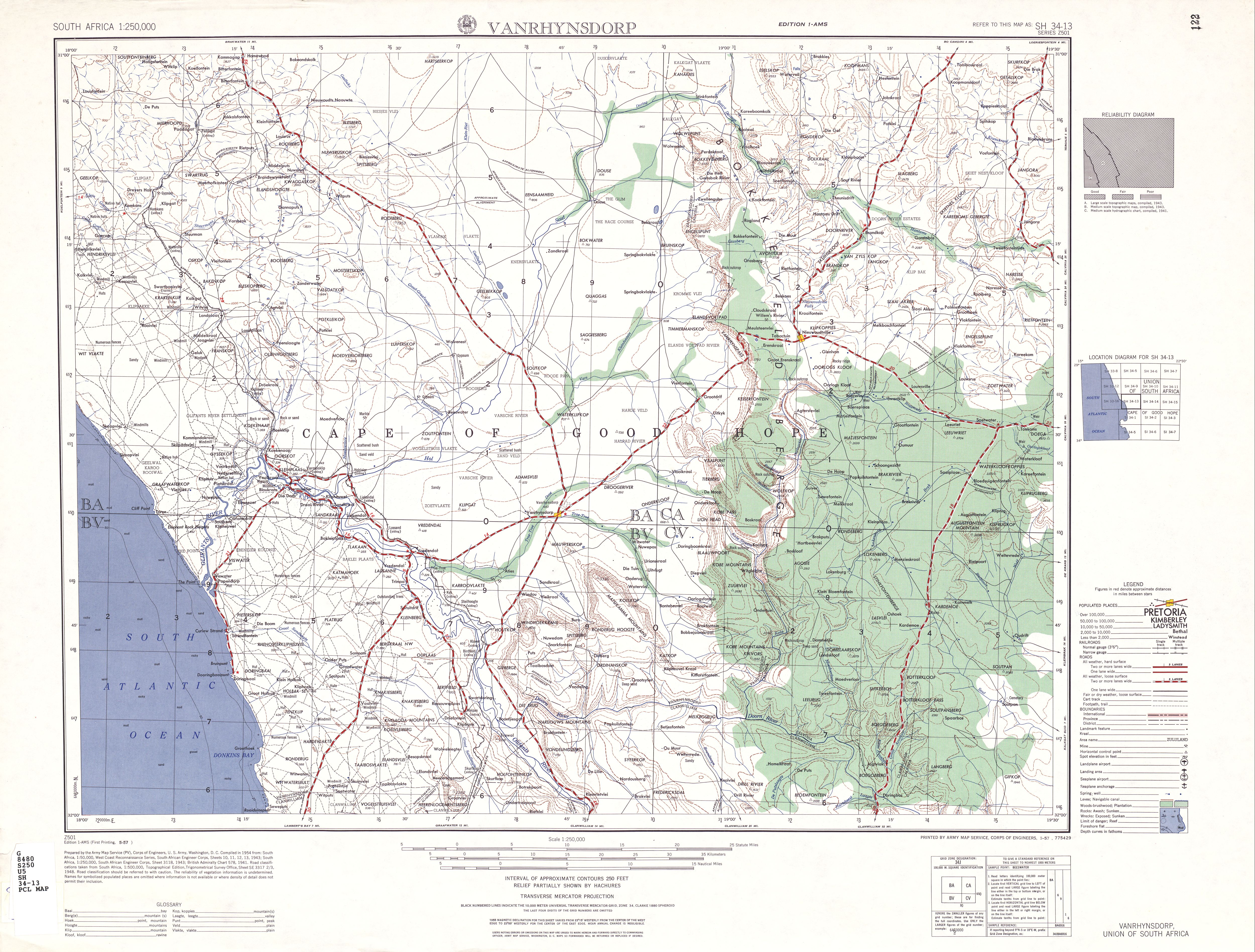 Hoja Vanrhynsdorp del Mapa Topográfico de África Meridional 1954