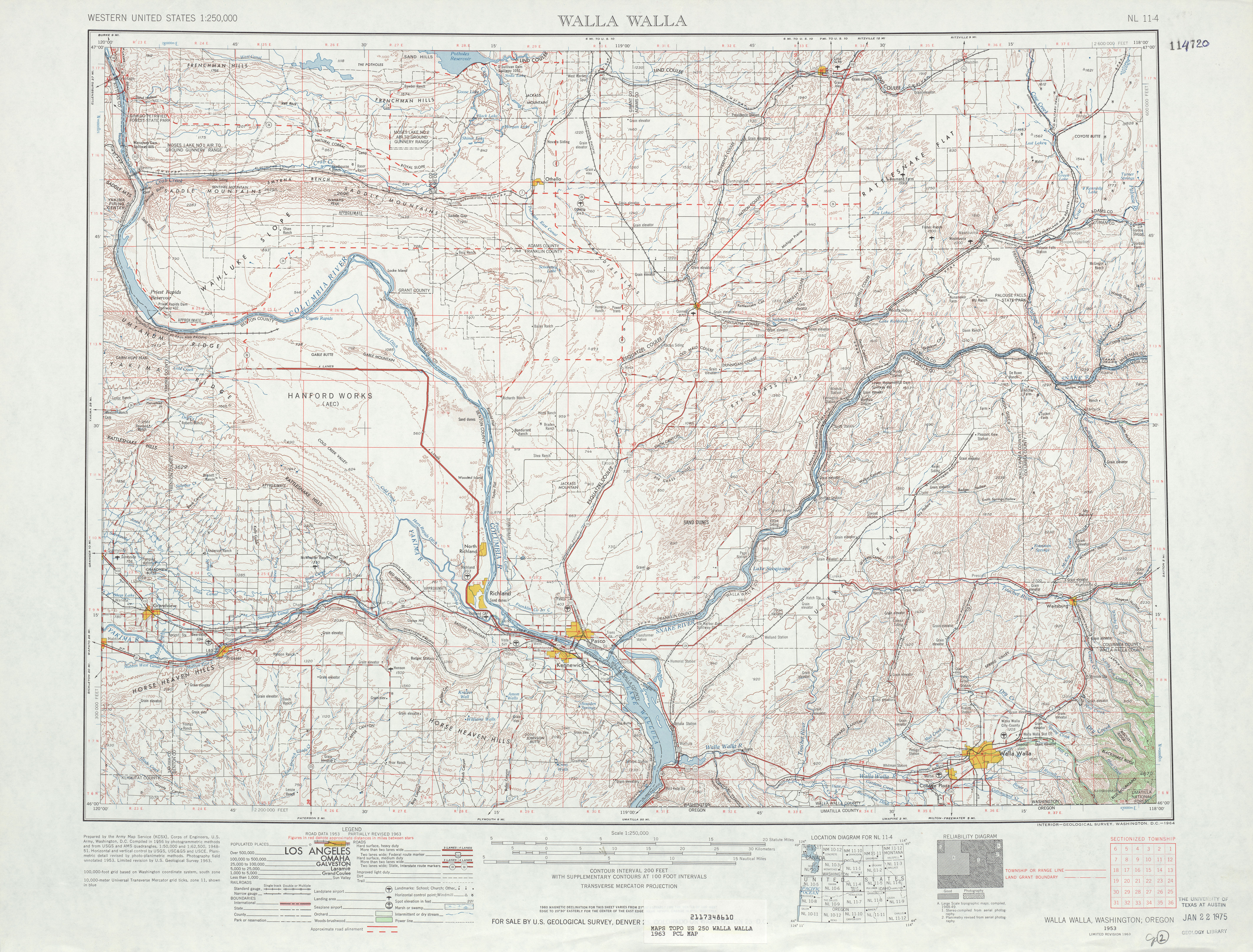 Hoja Walla Walla del Mapa Topográfico de los Estados Unidos 1963