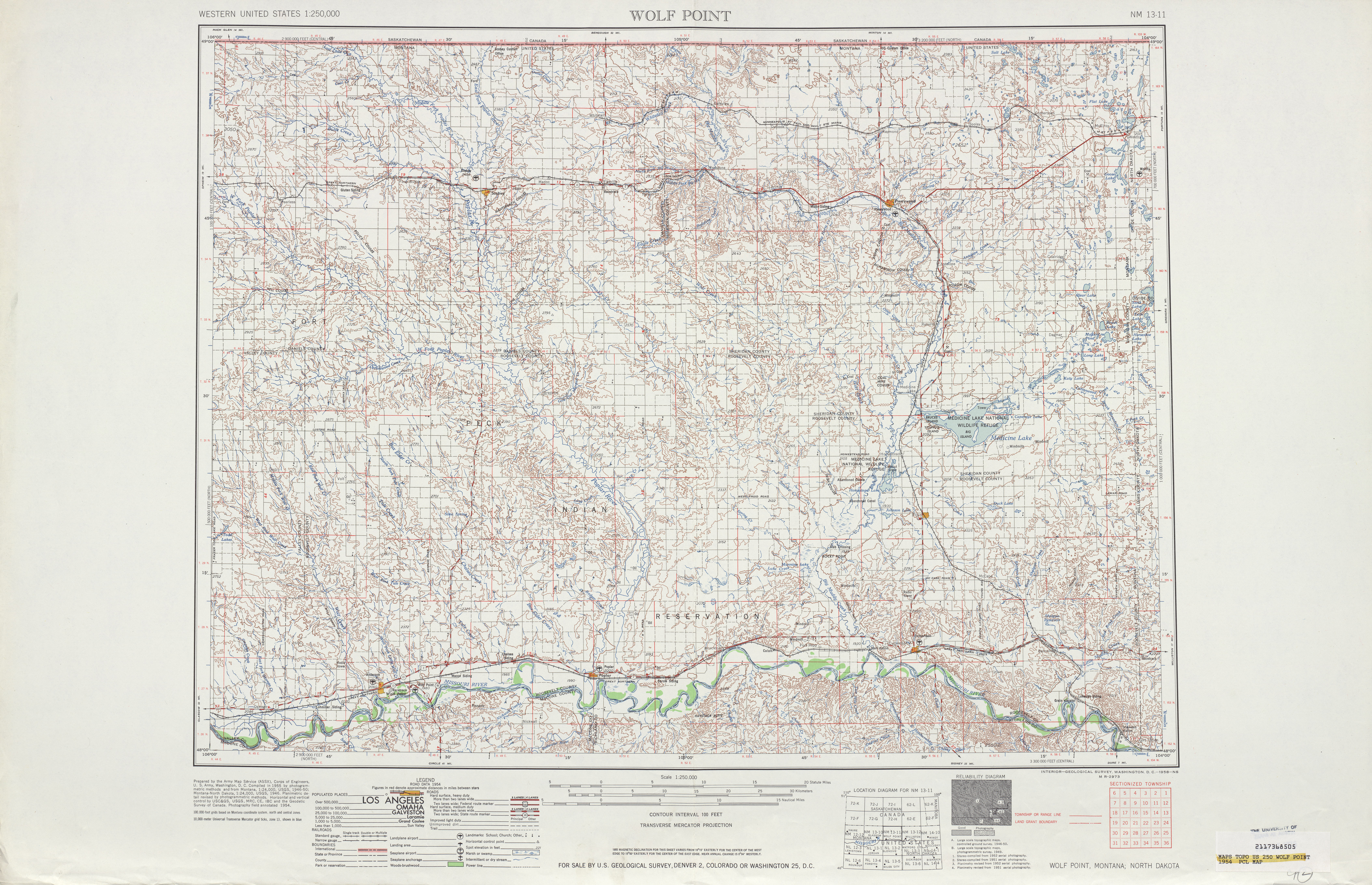 Hoja Wolf Point del Mapa Topográfico de los Estados Unidos 1954