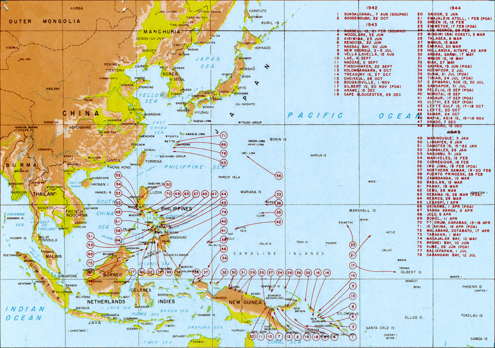 Mapa de La Segunda Guerra Mundial en el Pacífico 1942-1945 