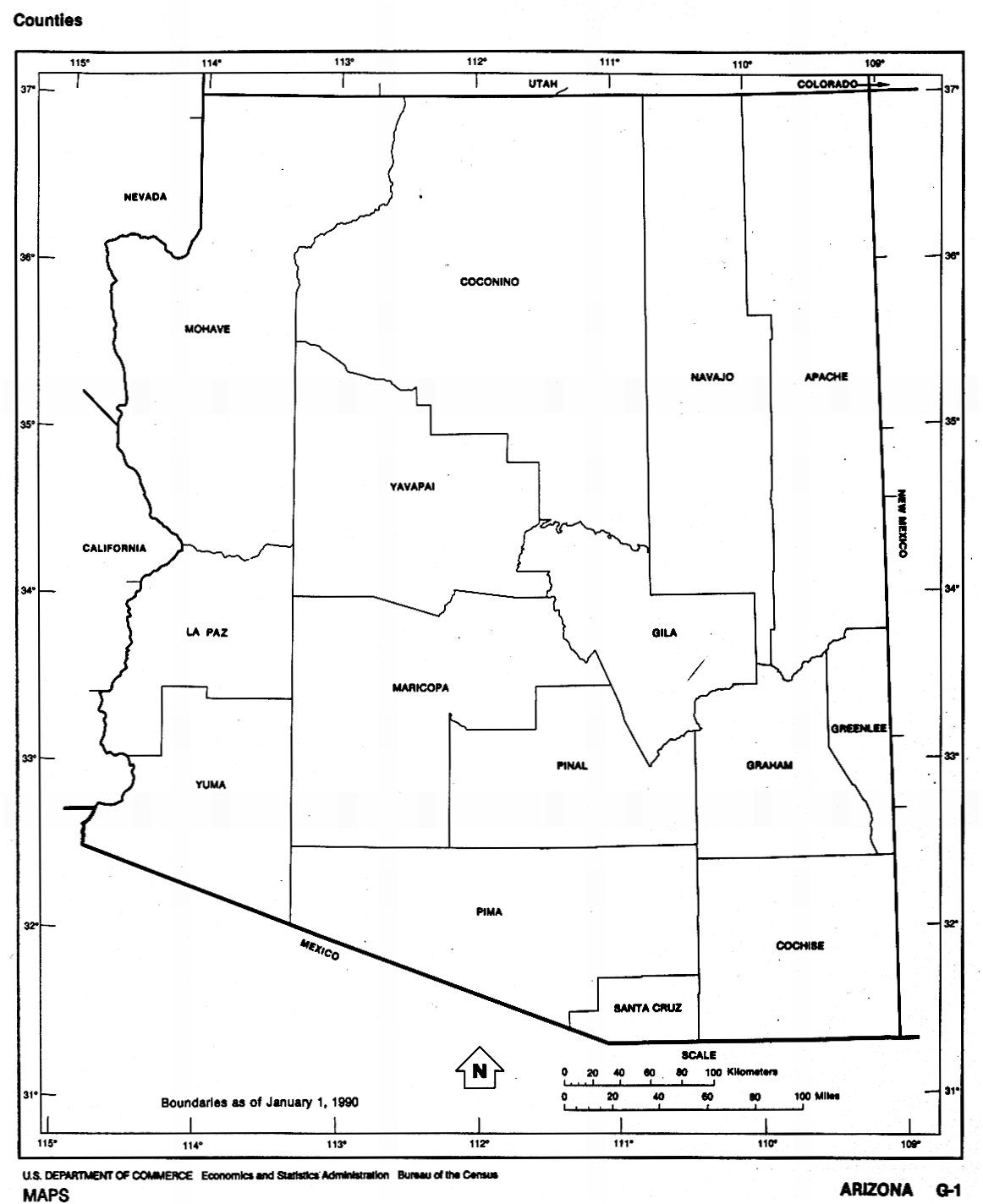Mapa Blanco y Negro de Arizona, Estados Unidos