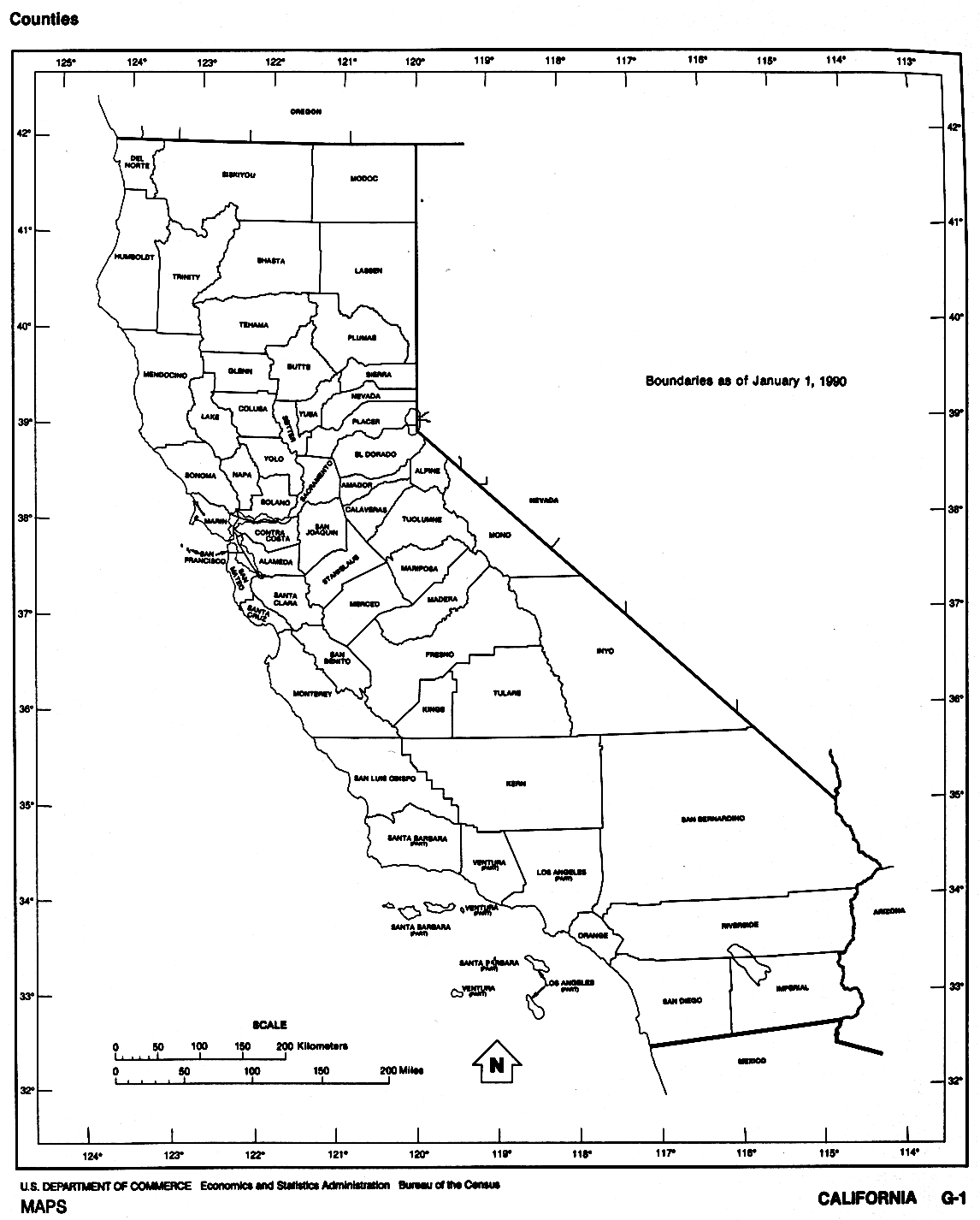 Mapa Blanco y Negro de California, Estados Unidos