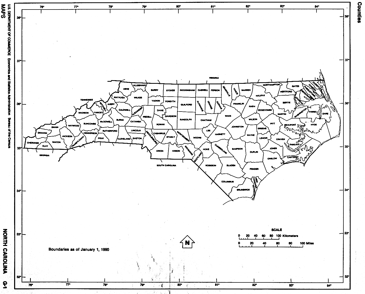 Mapa Blanco y Negro de Carolina del Norte, Estados Unidos