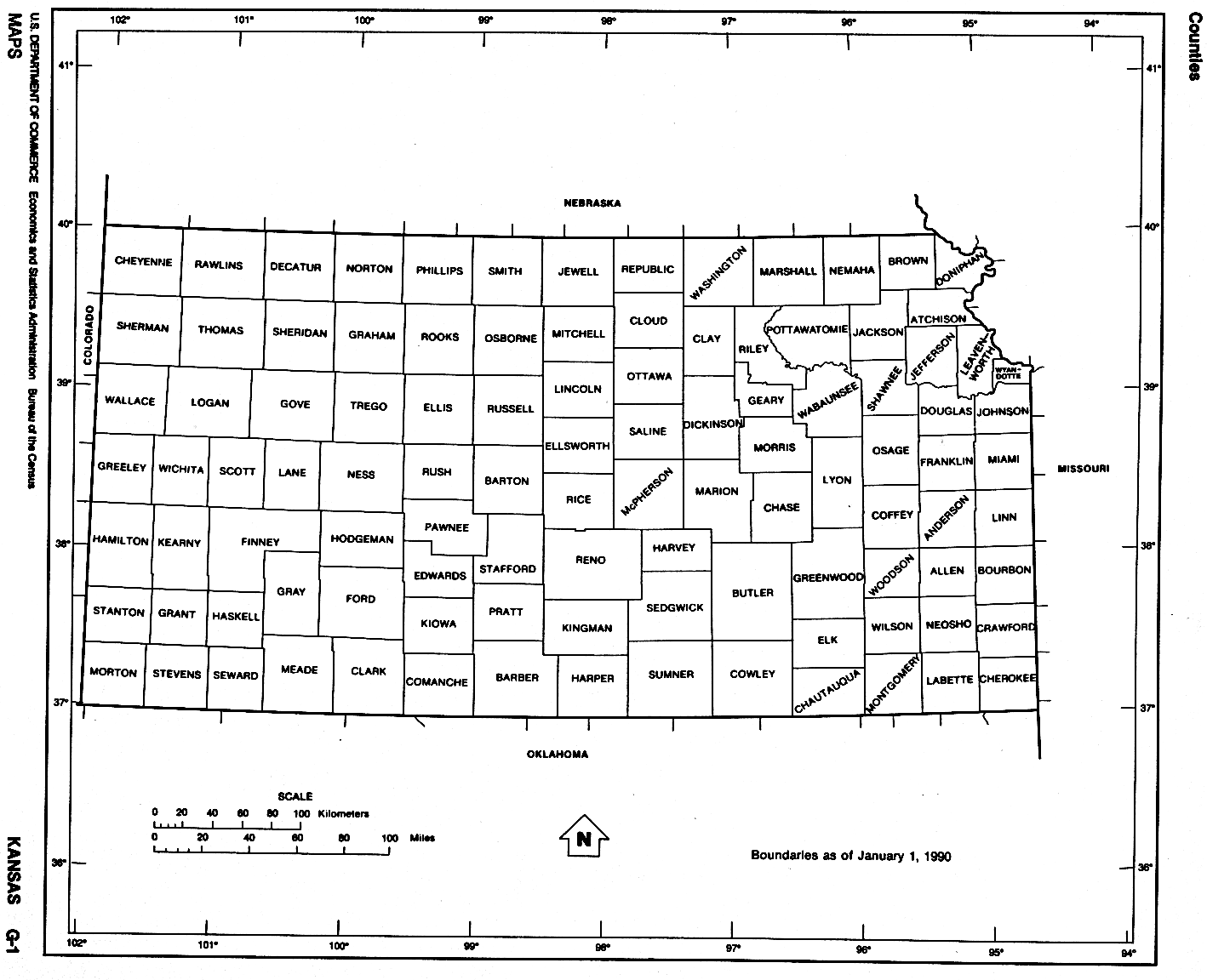 Mapa Blanco y Negro de Kansas, Estados Unidos