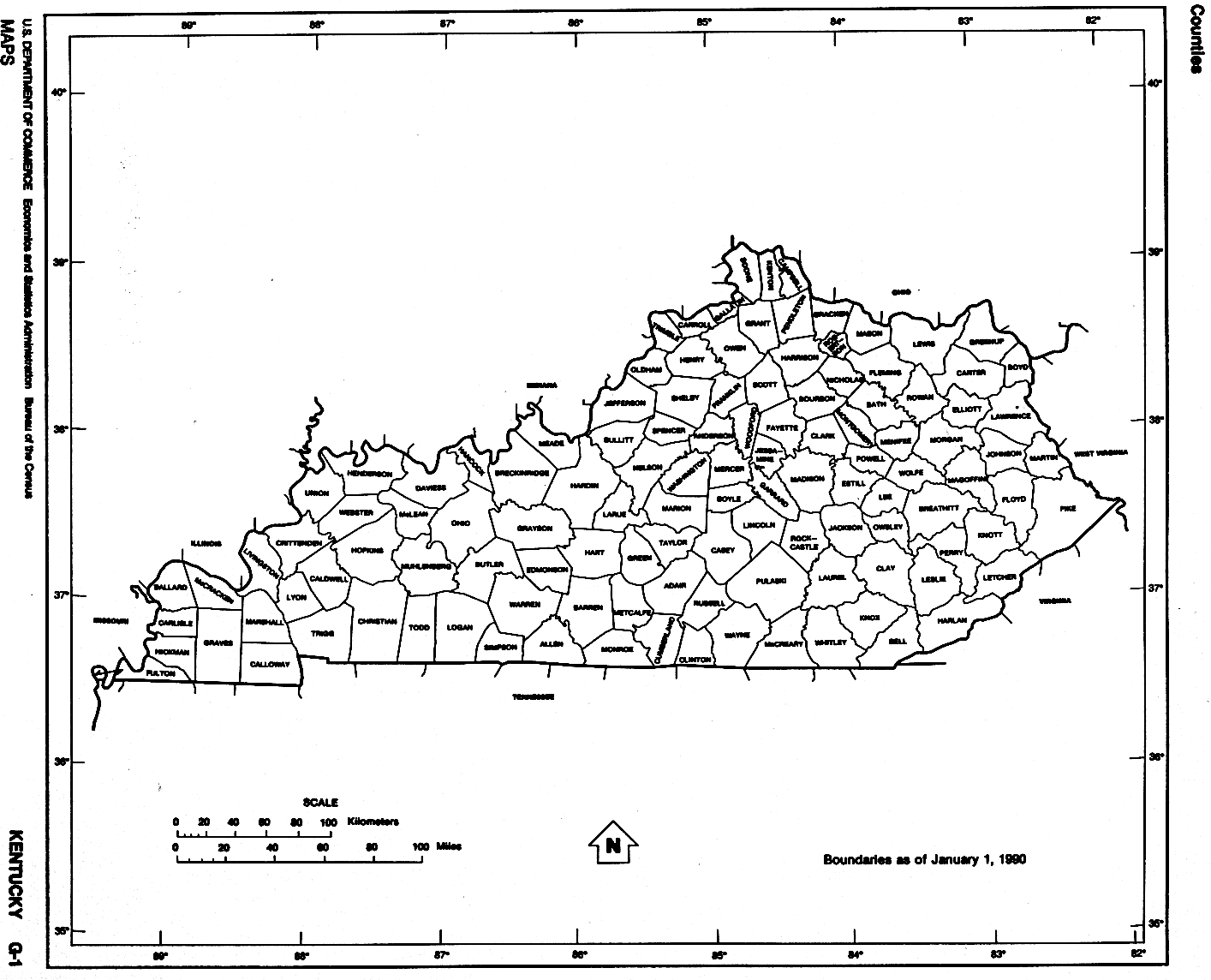 Mapa Blanco y Negro de Kentucky, Estados Unidos