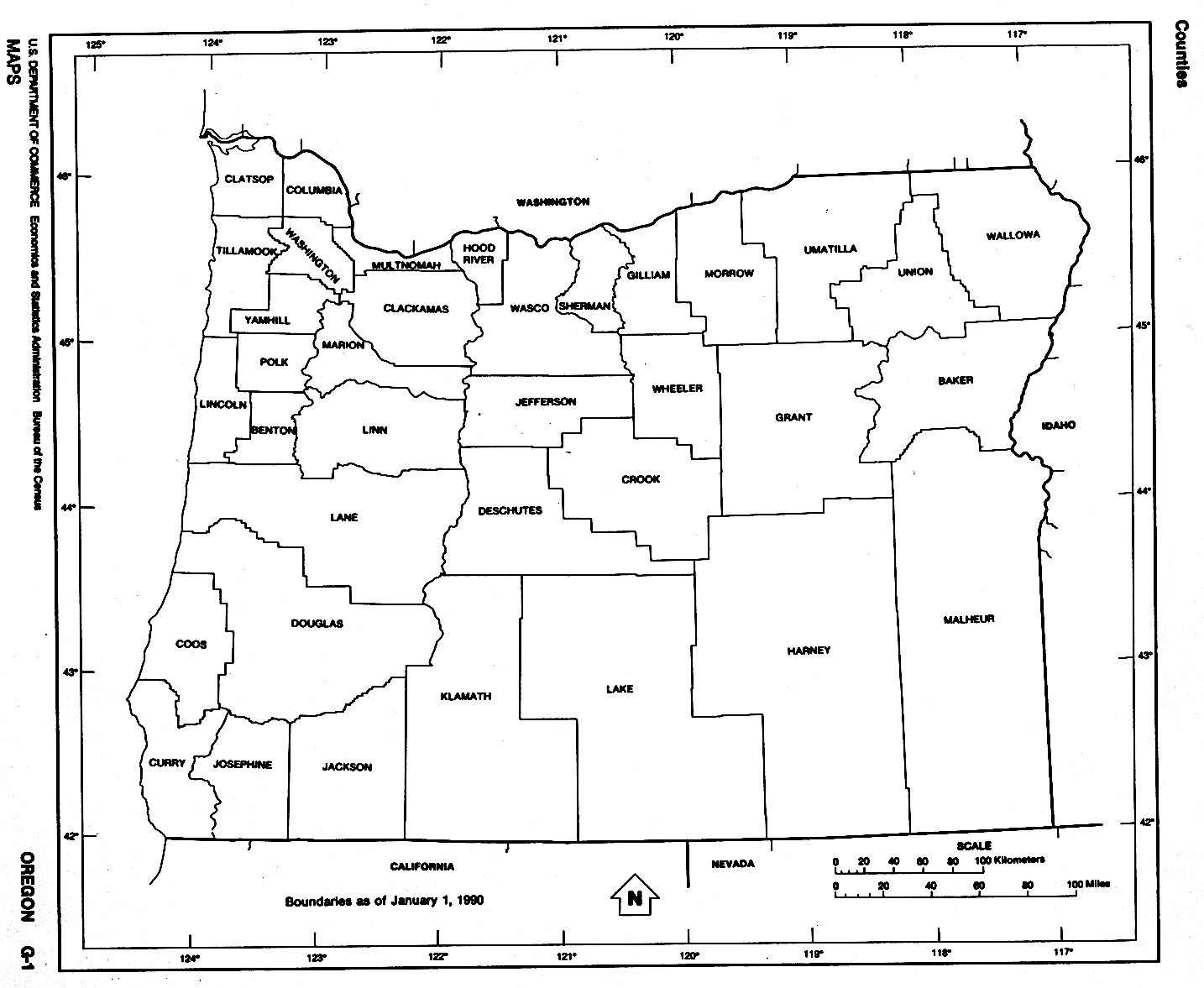 Mapa Blanco y Negro de Oregón, Estados Unidos