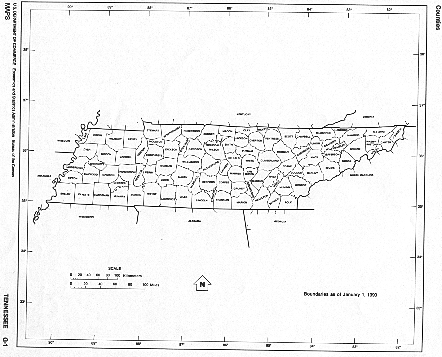 Mapa Blanco y Negro de Tennessee, Estados Unidos