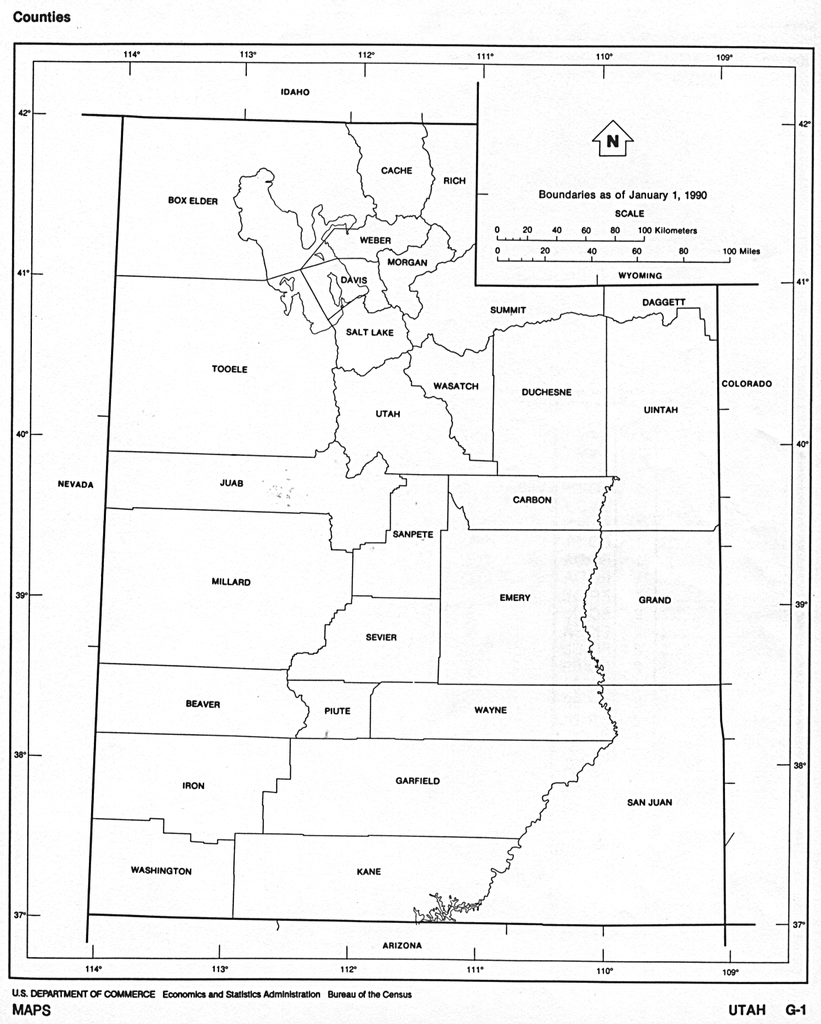 Mapa Blanco y Negro de Utah, Estados Unidos