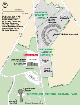Mapa Detallado del Centro de Visitantes y Cementerio Nacional del Parque Militar Nacional de Gettysburg, Pensilvania, Estados Unidos