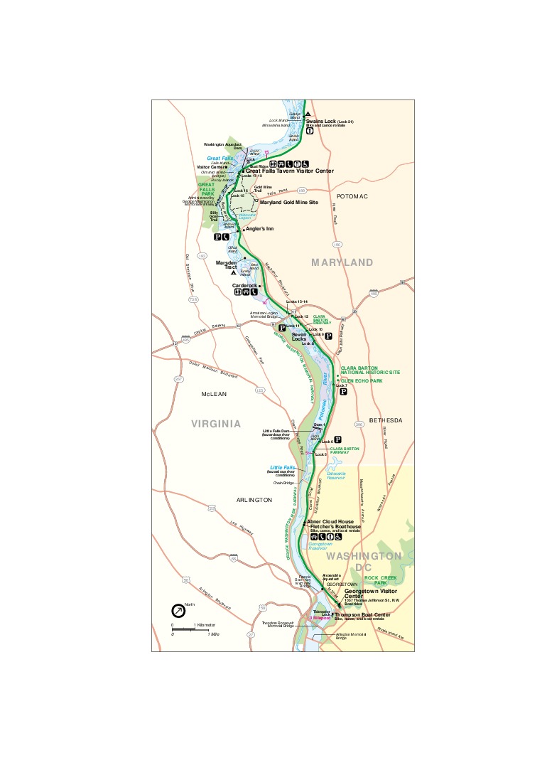 Mapa Detallado del Parque Histórico Nacional del Canal de Chesapeake y Ohio, Washington D.Circa, Maryland, Virginia Occidental, Estados Unidos