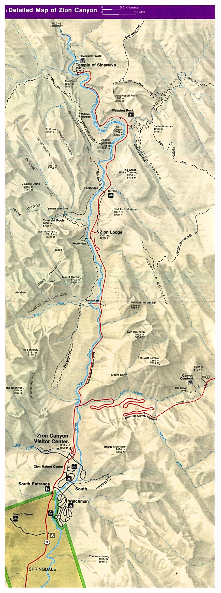 Mapa Detallado del Parque Nacional Zion, Utah, Estados Unidos