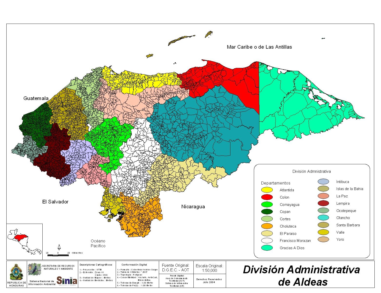 Mapa División Administrativa de Aldeas, Honduras