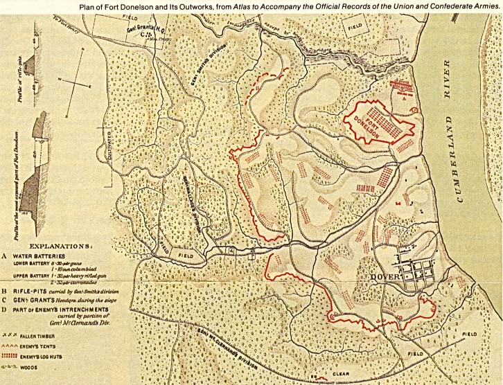 Mapa-Esquema del Campo de Batalla Nacional Fort Donelson, Tennessee, Estados Unidos