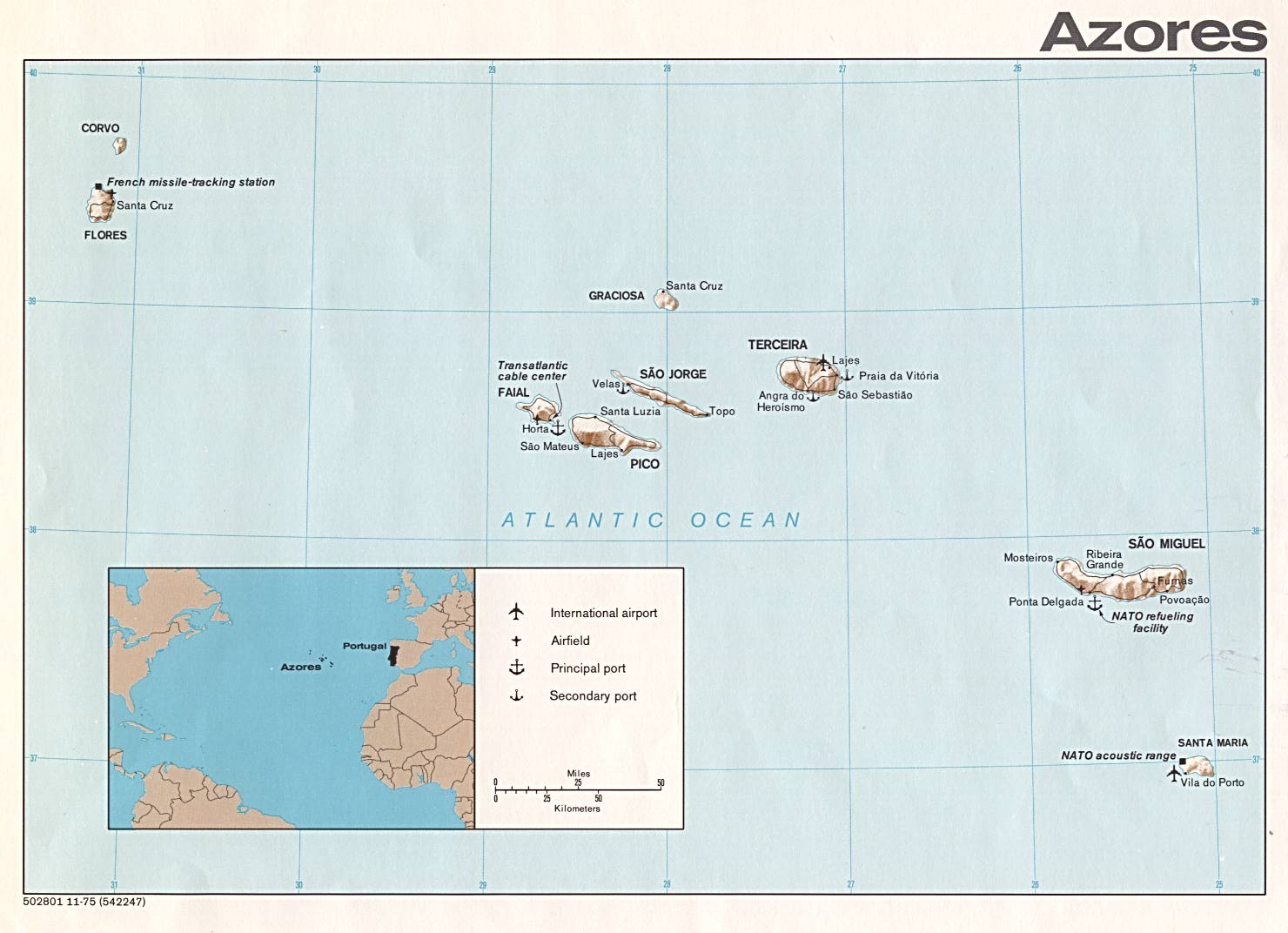 Mapa Físico de las Azores, Portugal