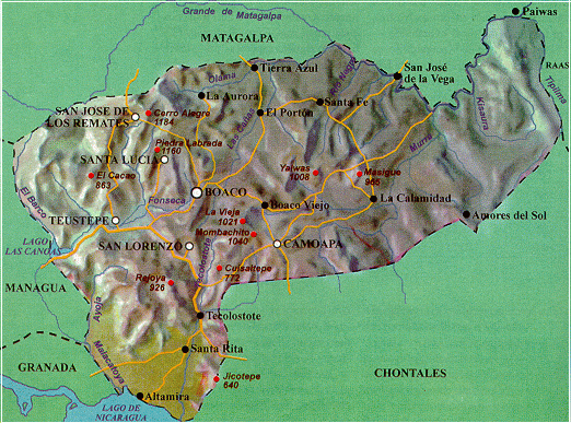 Mapa Físico del Departamento de Boaco, Nicaragua