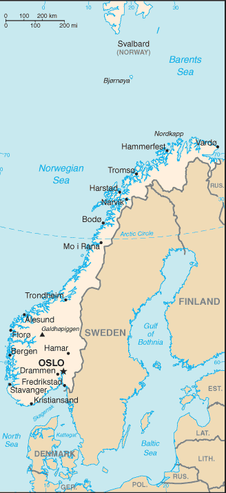 Mapa Politico Pequeña Escala de Noruega