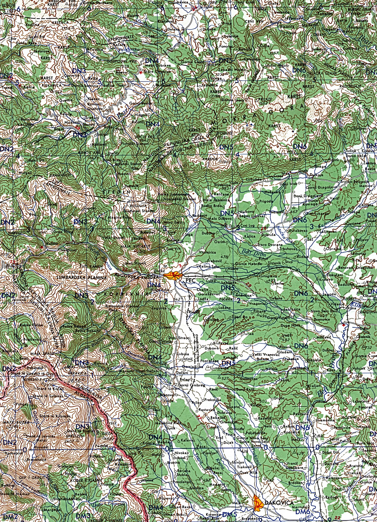 Mapa Topográfico de Kosovo Occidental