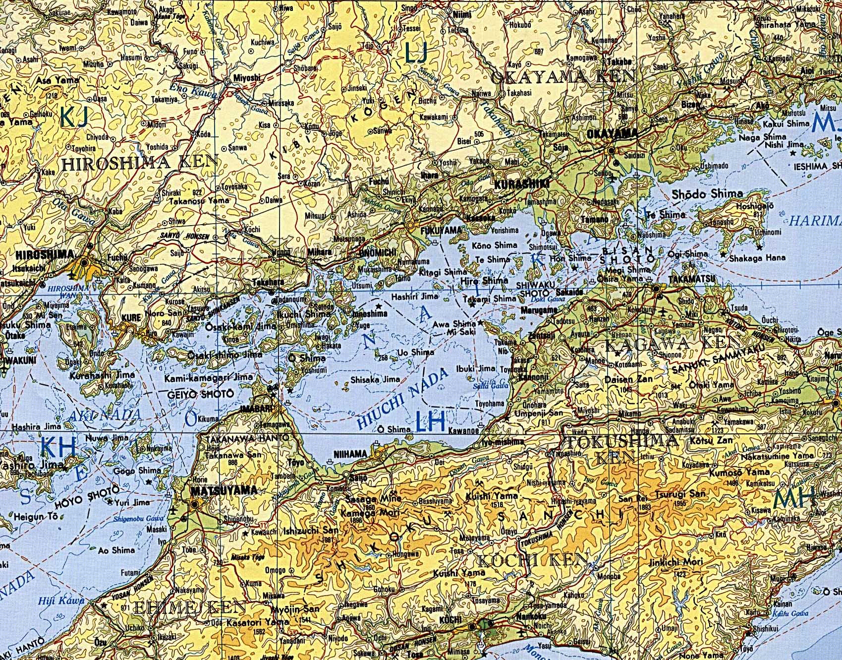 Mapa Topográfico de Okayama Hacia Hiroshima, Japón