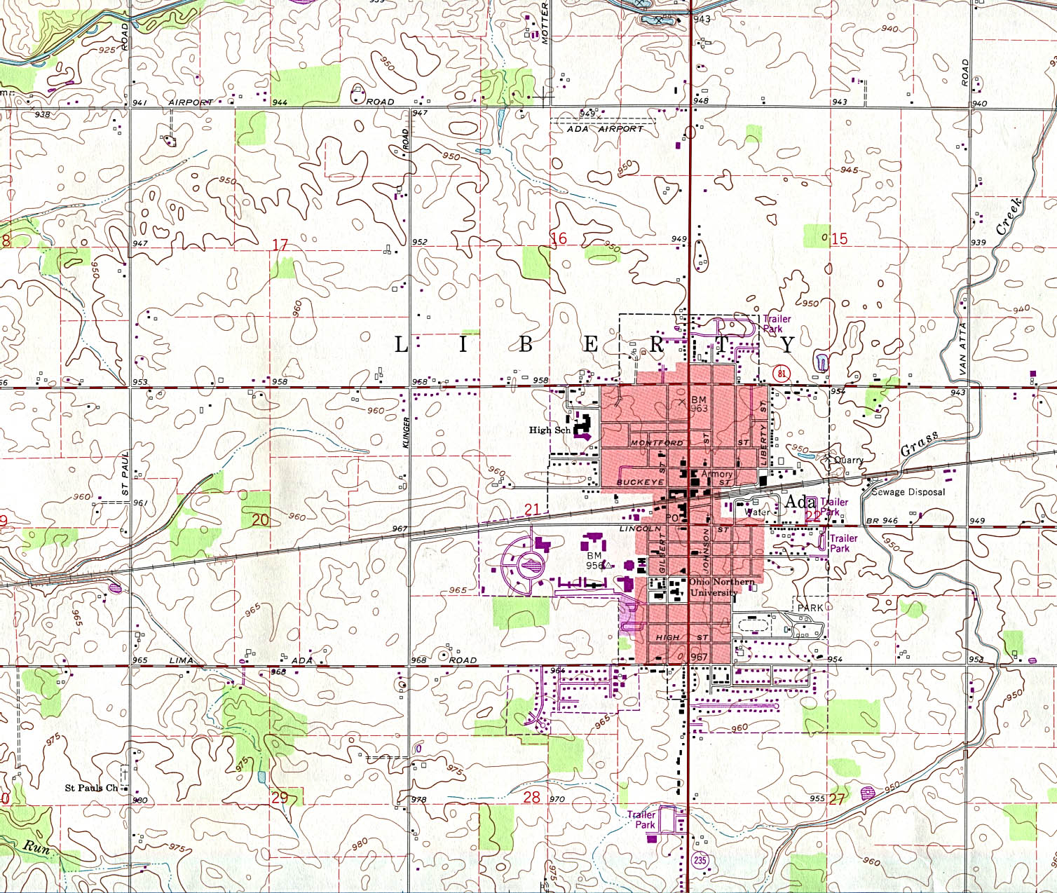 Mapa Topográfico de la Ciudad de Ada, Ohio, Estados Unidos