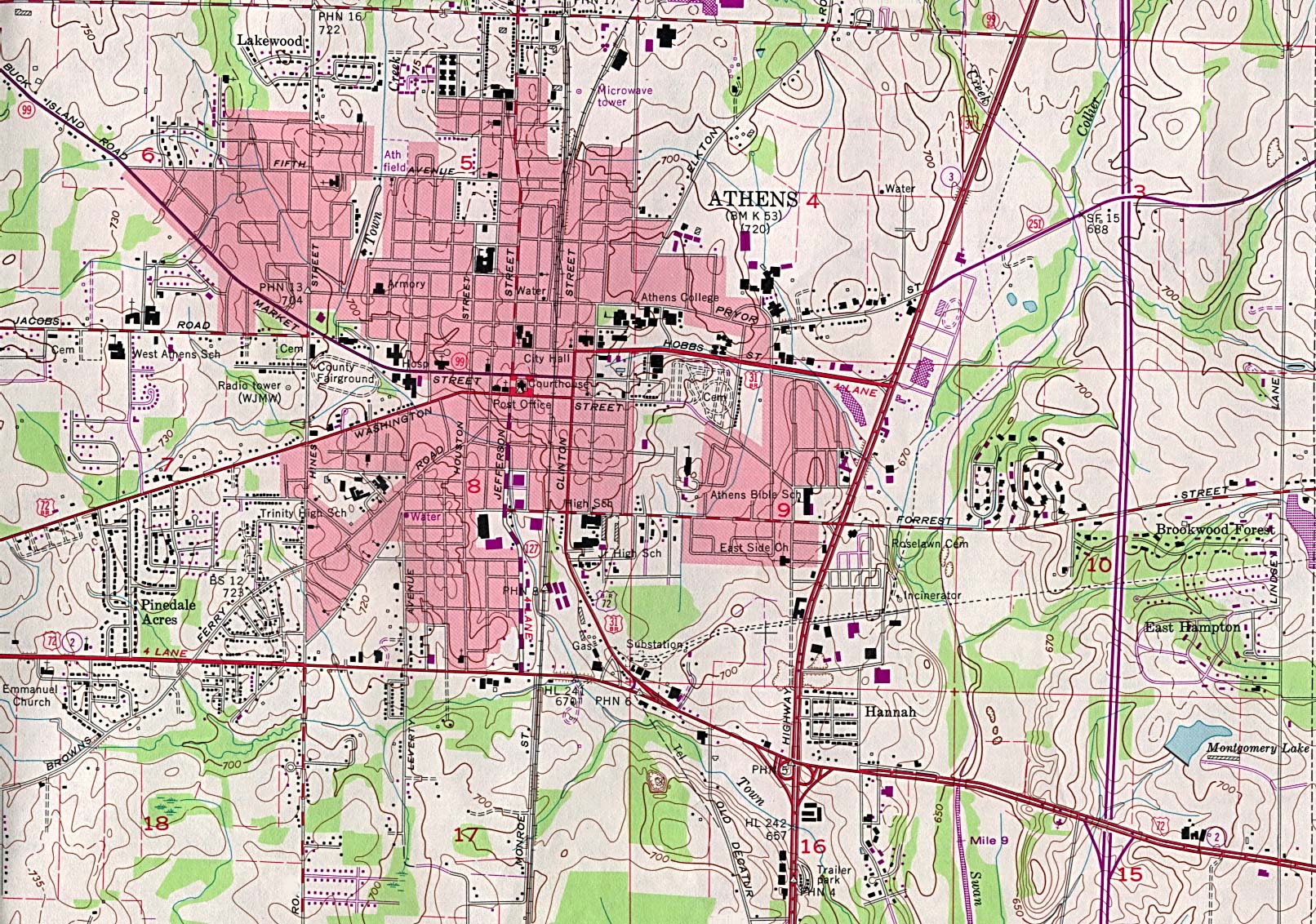 Mapa Topográfico de la Ciudad de Atenas, Alabama, Estados Unidos