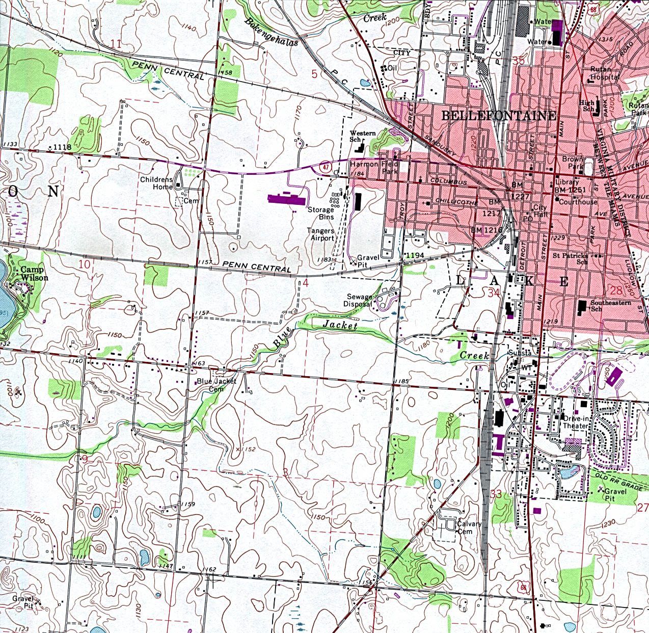 Mapa Topográfico de la Ciudad de Bellefontaine, Ohio, Estados Unidos