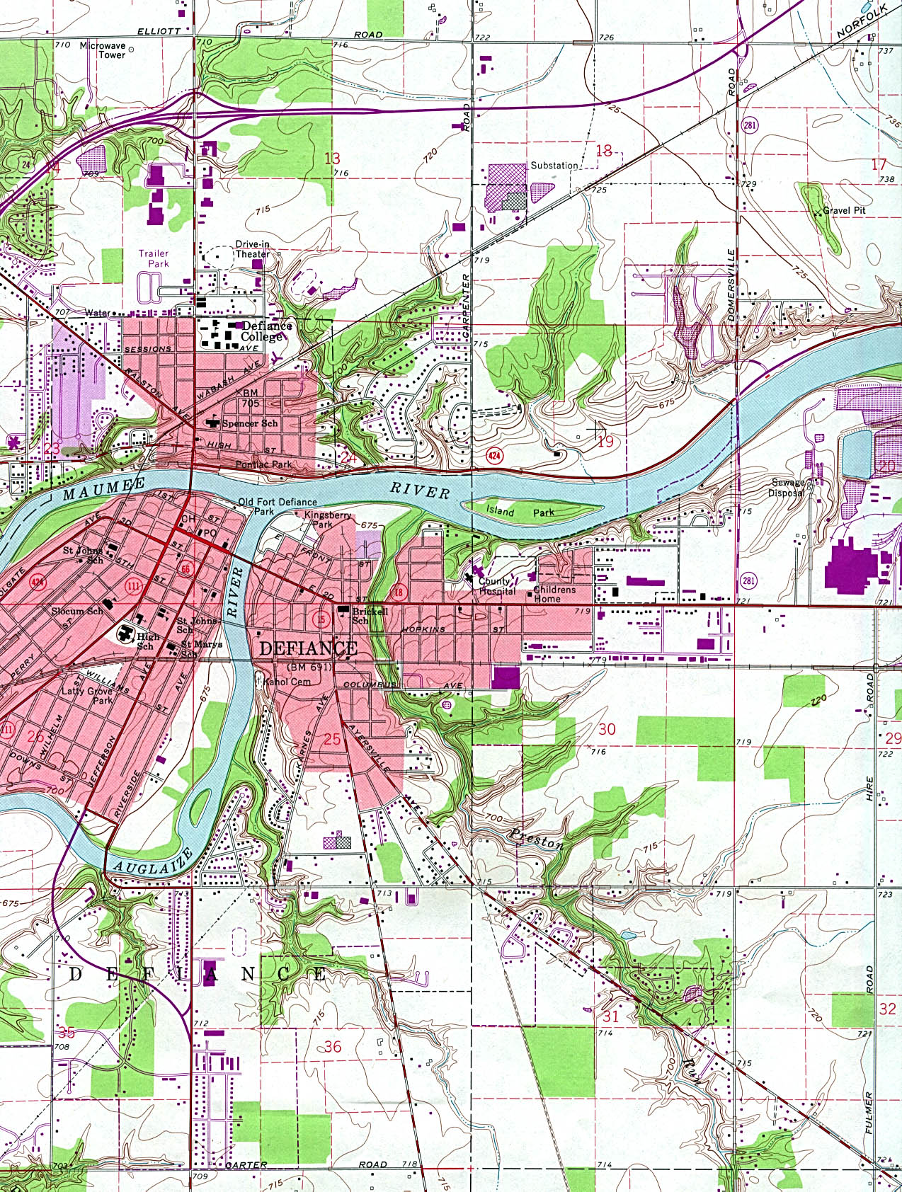 Mapa Topográfico de la Ciudad de Defiance, Ohio, Estados Unidos