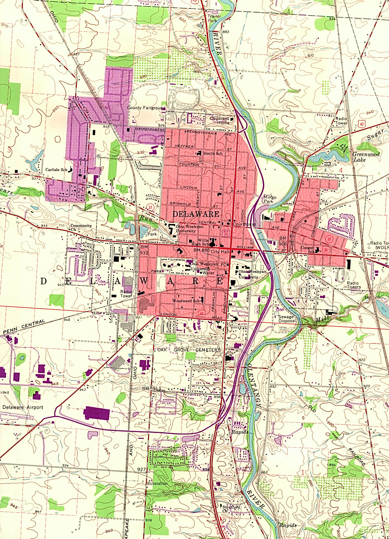 Mapa Topográfico de la Ciudad de Delaware, Ohio, Estados Unidos