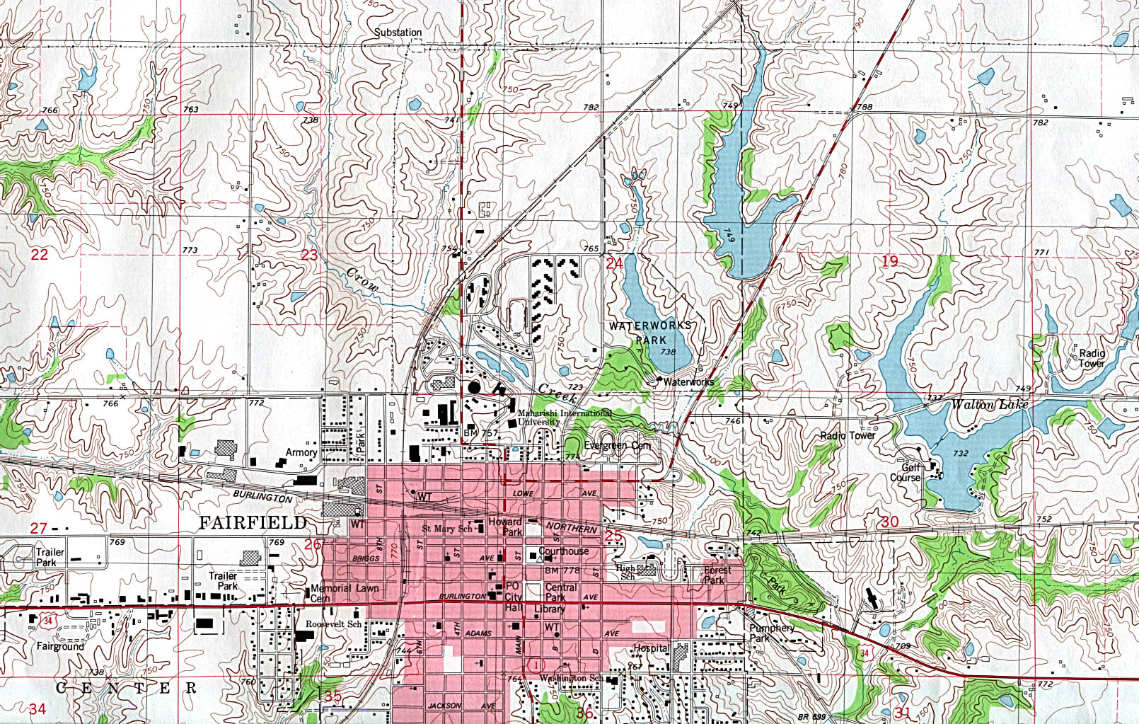 Mapa Topográfico de la Ciudad de Fairfield, Iowa, Estados Unidos