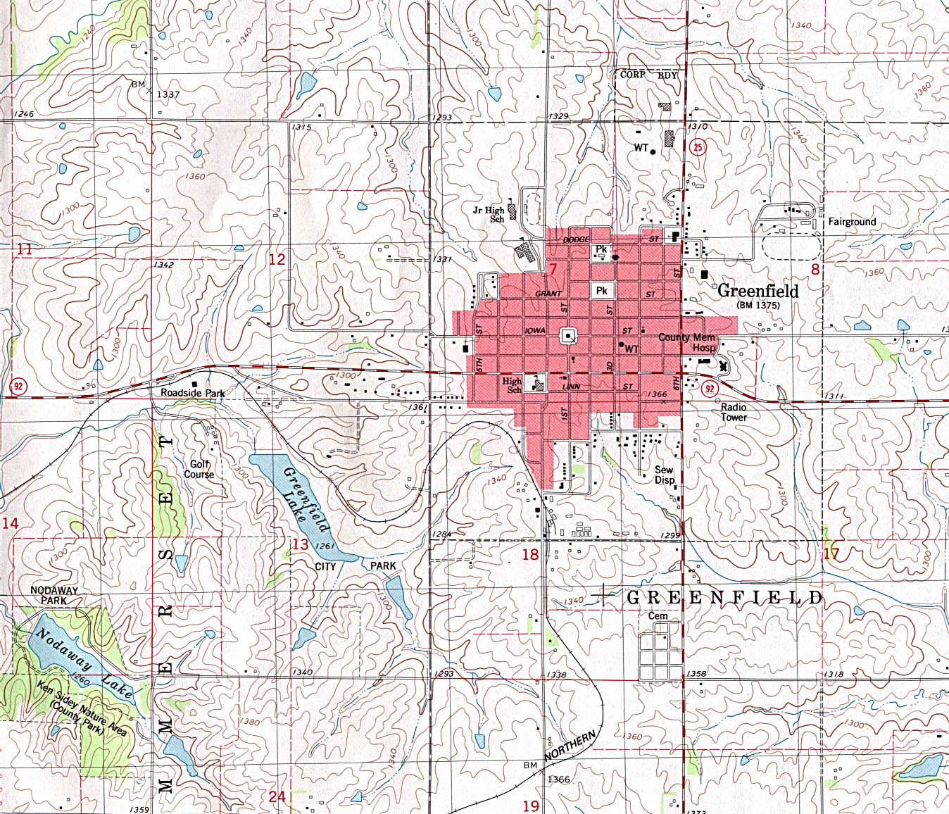 Mapa Topográfico de la Ciudad de Greenfield, Iowa, Estados Unidos