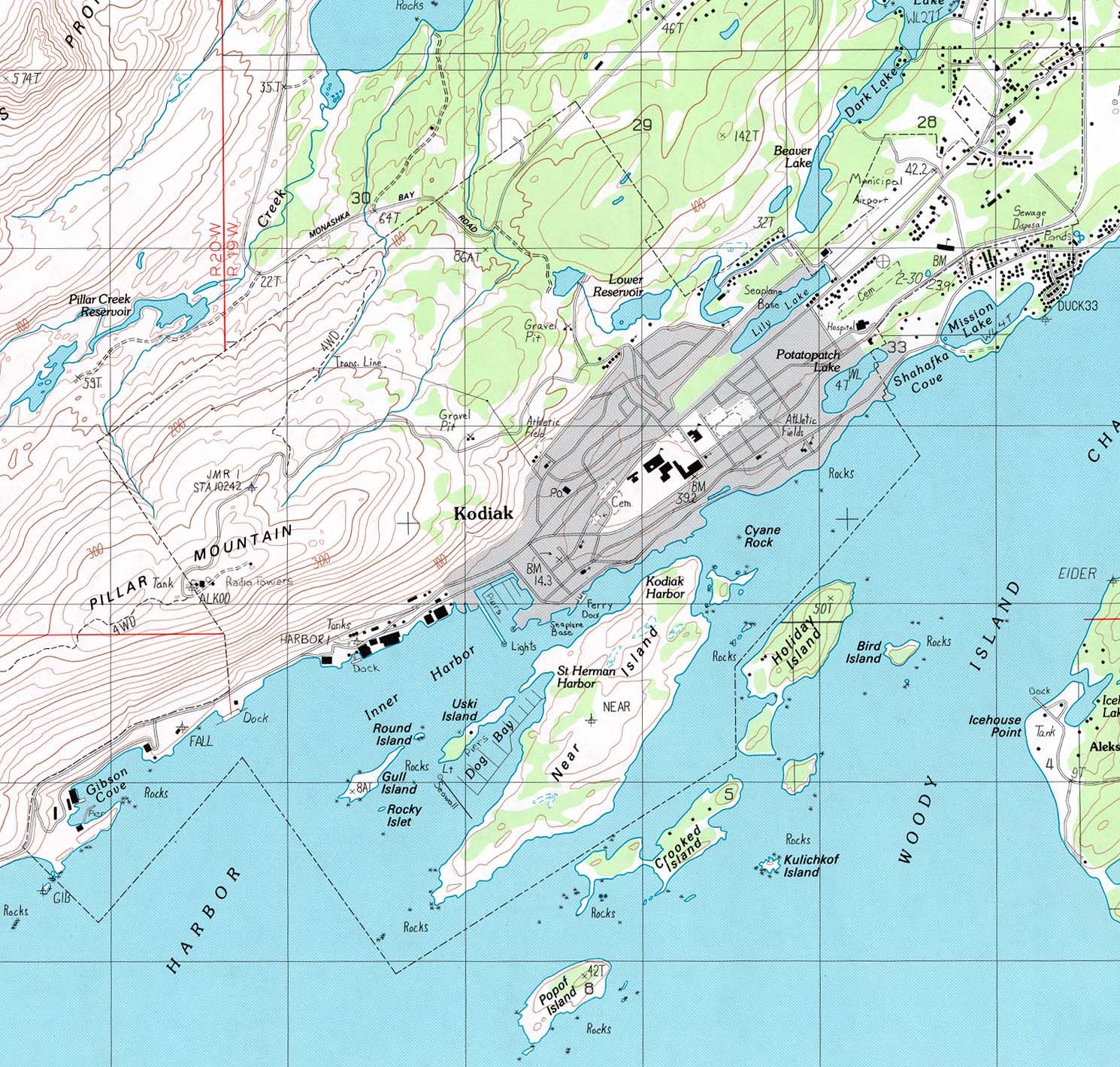 Mapa Topográfico de la Ciudad de Kodiak, Estados Unidos