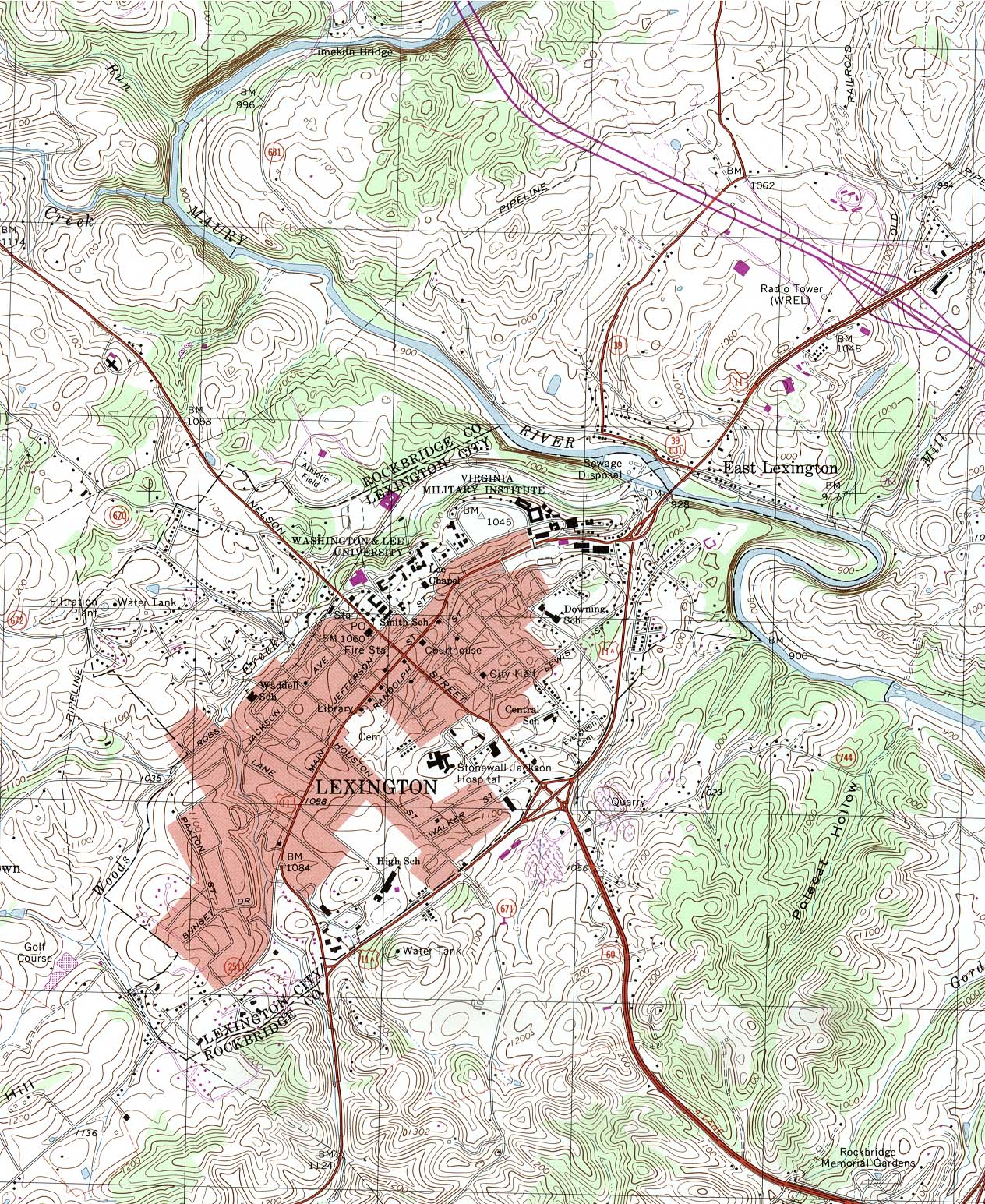 Mapa Topográfico de la Ciudad de Lexington, Virginia, Estados Unidos