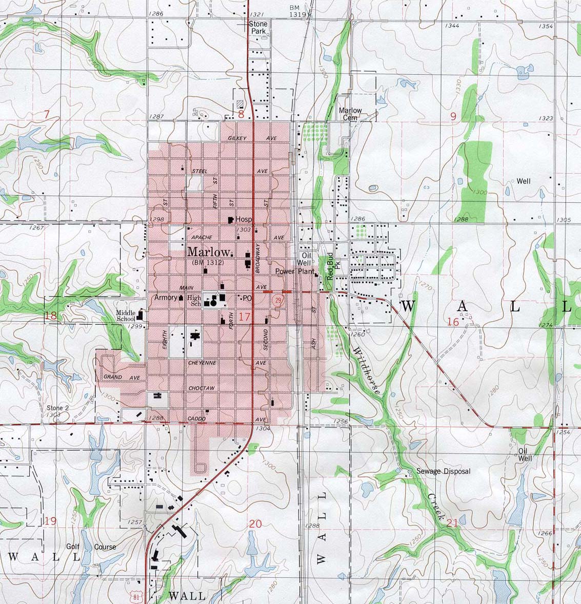 Mapa Topográfico de la Ciudad de Marlow, Oklahoma, Estados Unidos