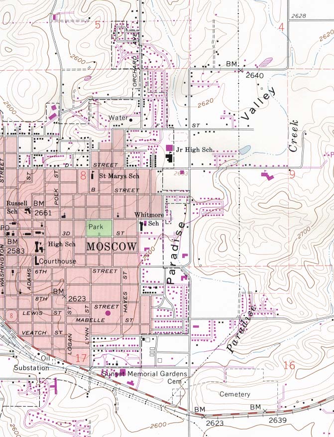Mapa Topográfico de la Ciudad de Moscú, Idaho, Estados Unidos
