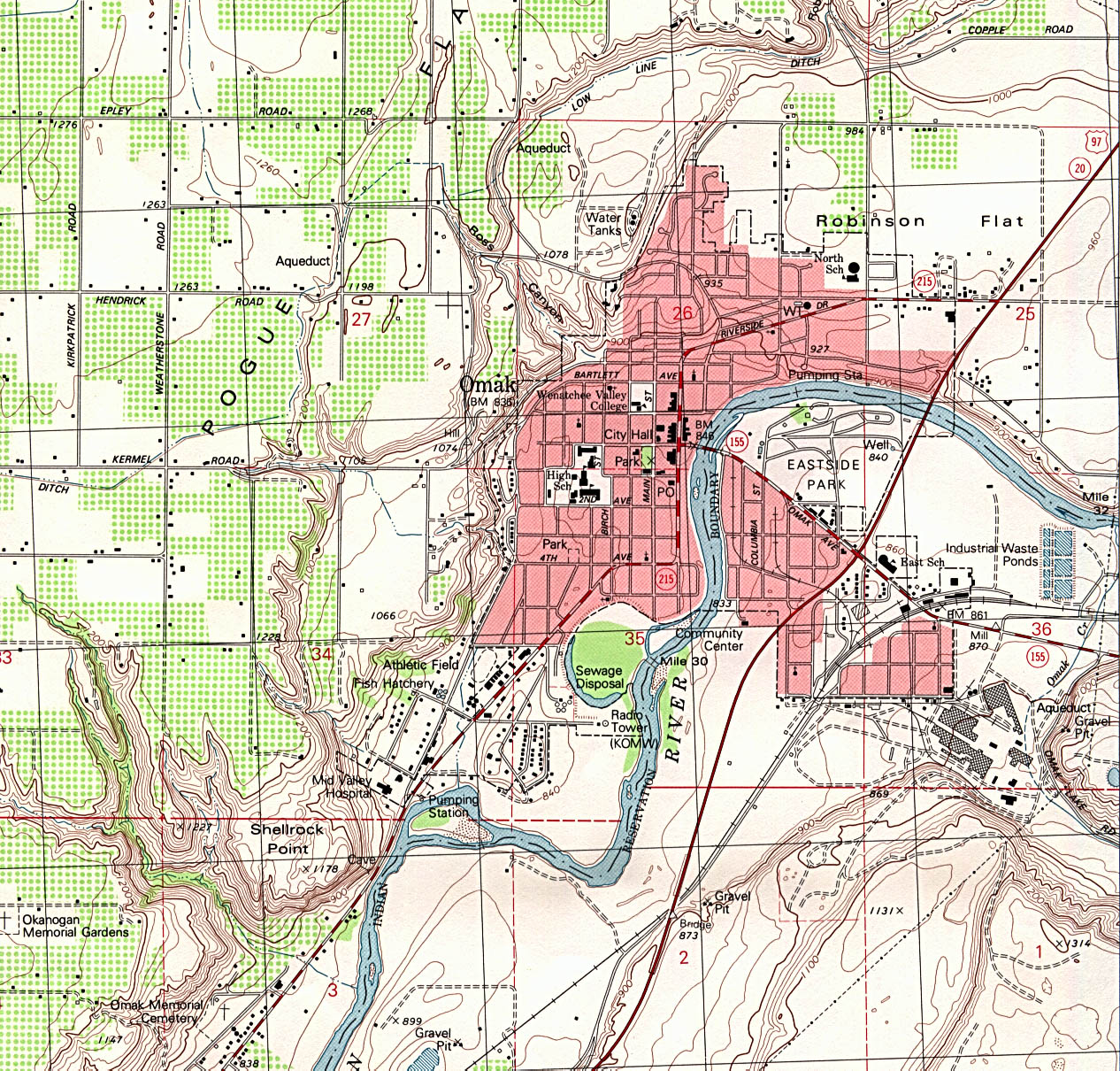 Mapa Topográfico de la Ciudad de Omak, Washington, Estados Unidos